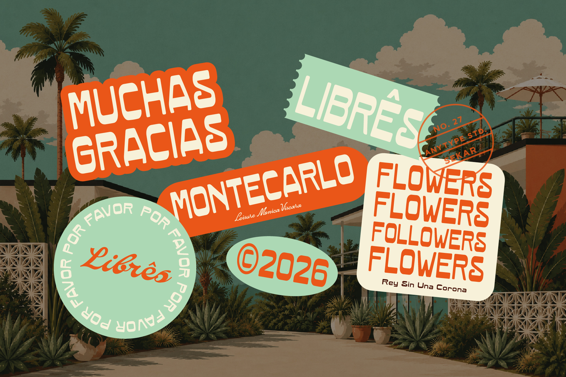 Retro tropical scene with layered text badges in orange, mint, cream against palm tree backdrop