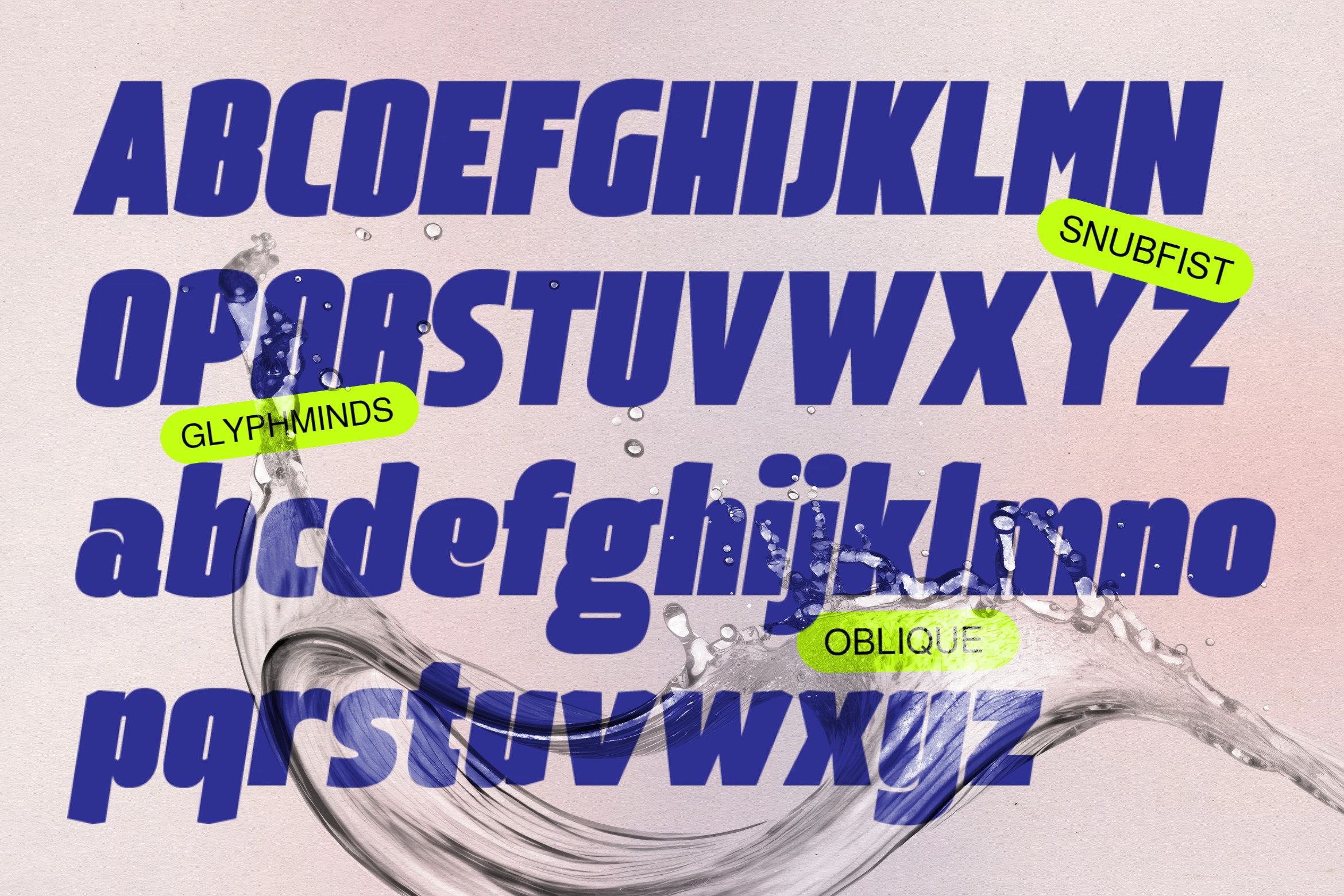 Display typeface variations with water splashes, yellow accent labels