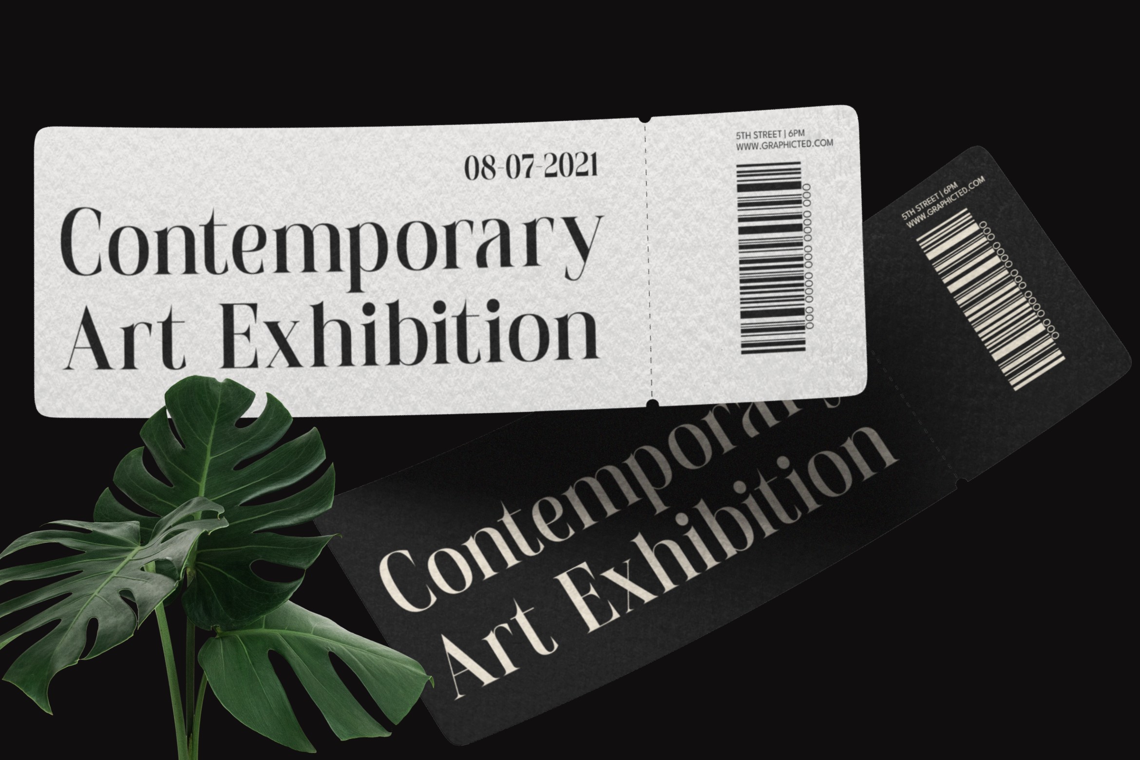 Exhibition ticket mockup with monstera leaf, barcode, showing Contemporary Art Exhibition date