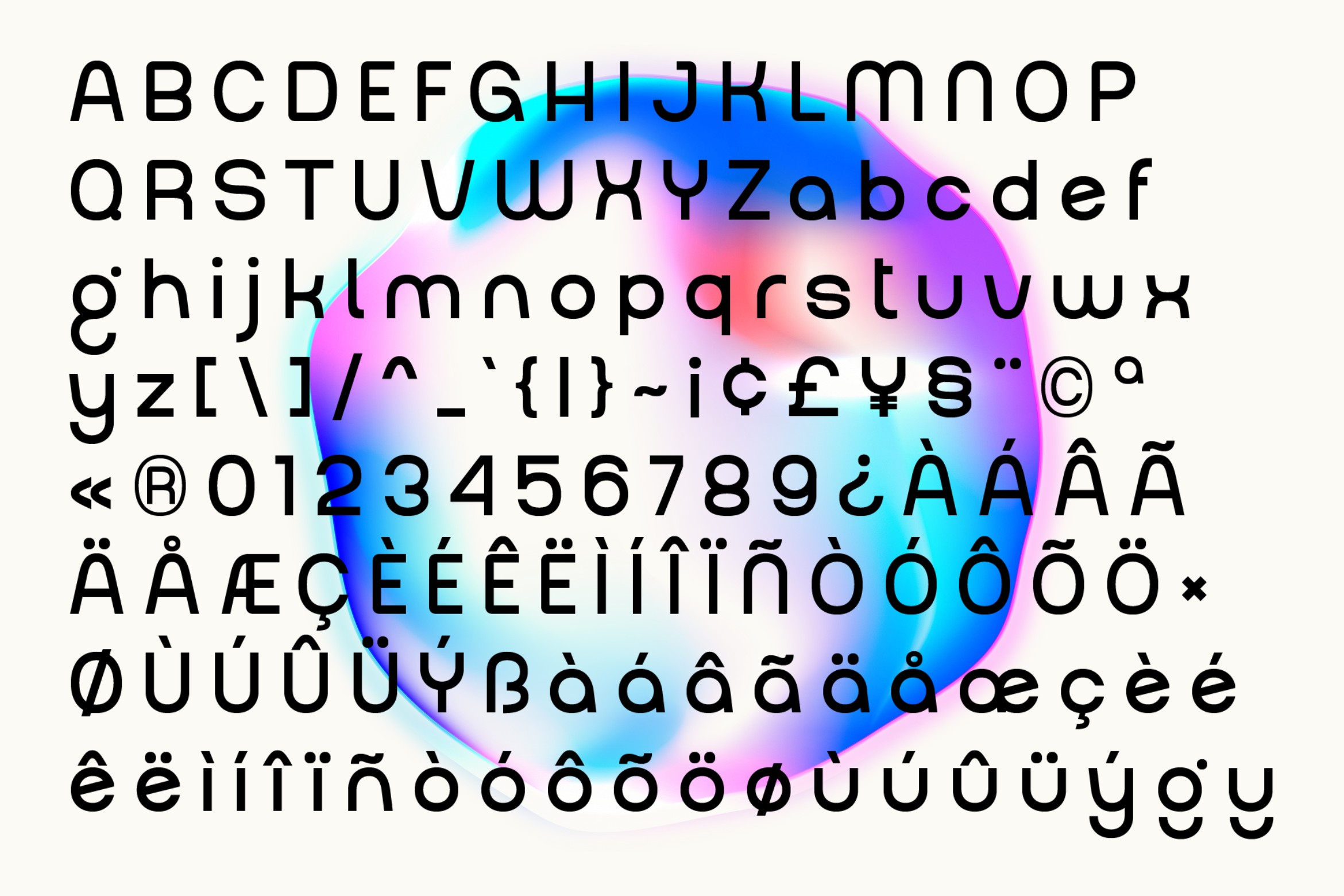 Font specimen sheet showing full character set with colorful gradient blur overlay