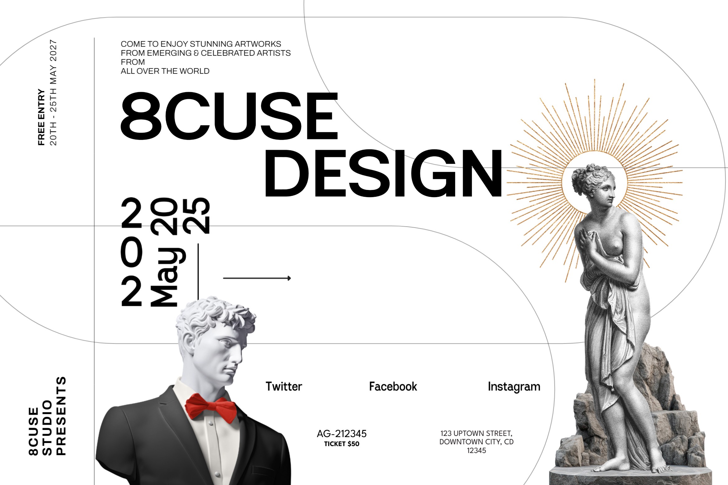 Event poster mixing classical statues with modern typography for 8CUSE Design conference