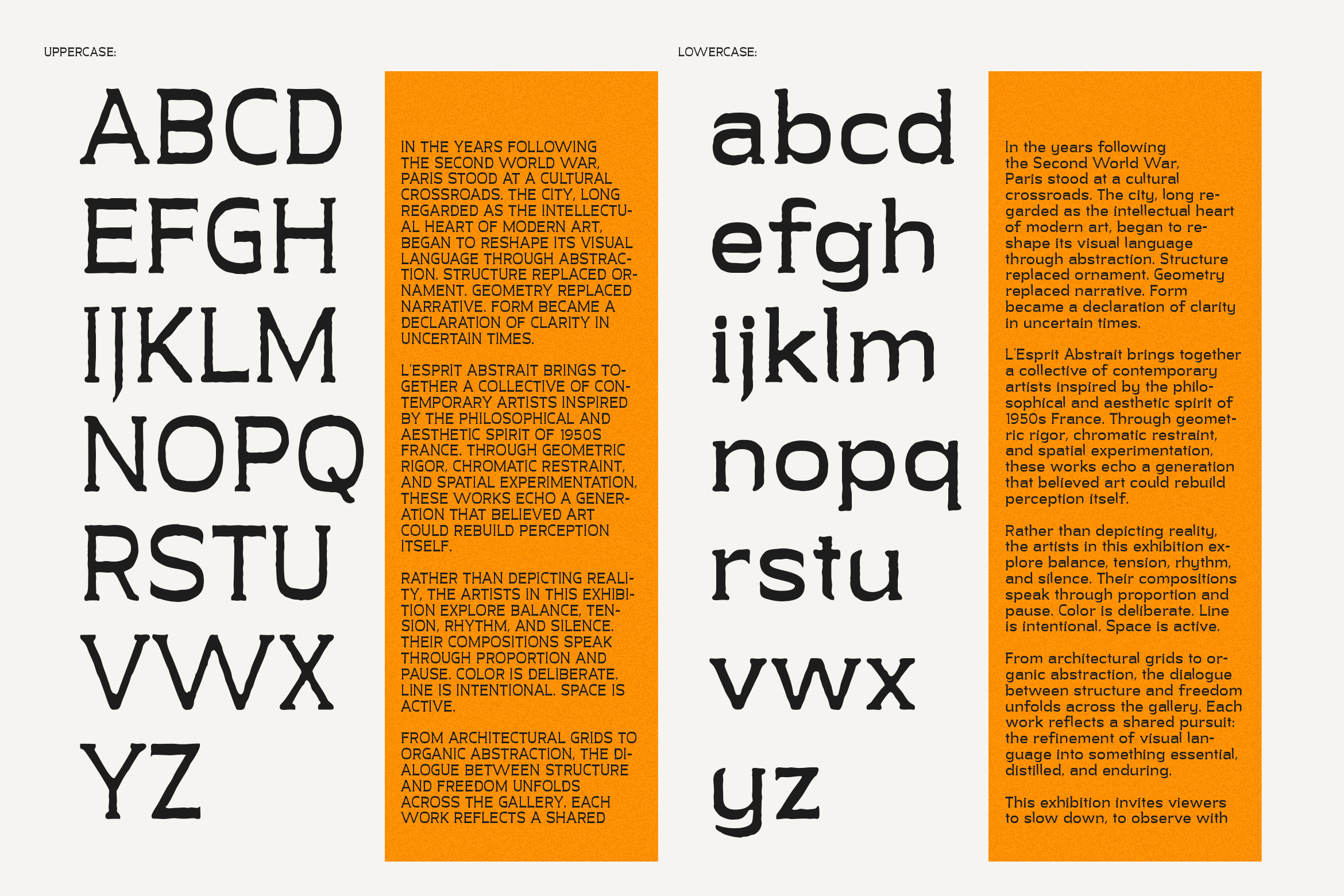 L'Esprit Abstrait font showing uppercase, lowercase letters with orange text blocks on sides