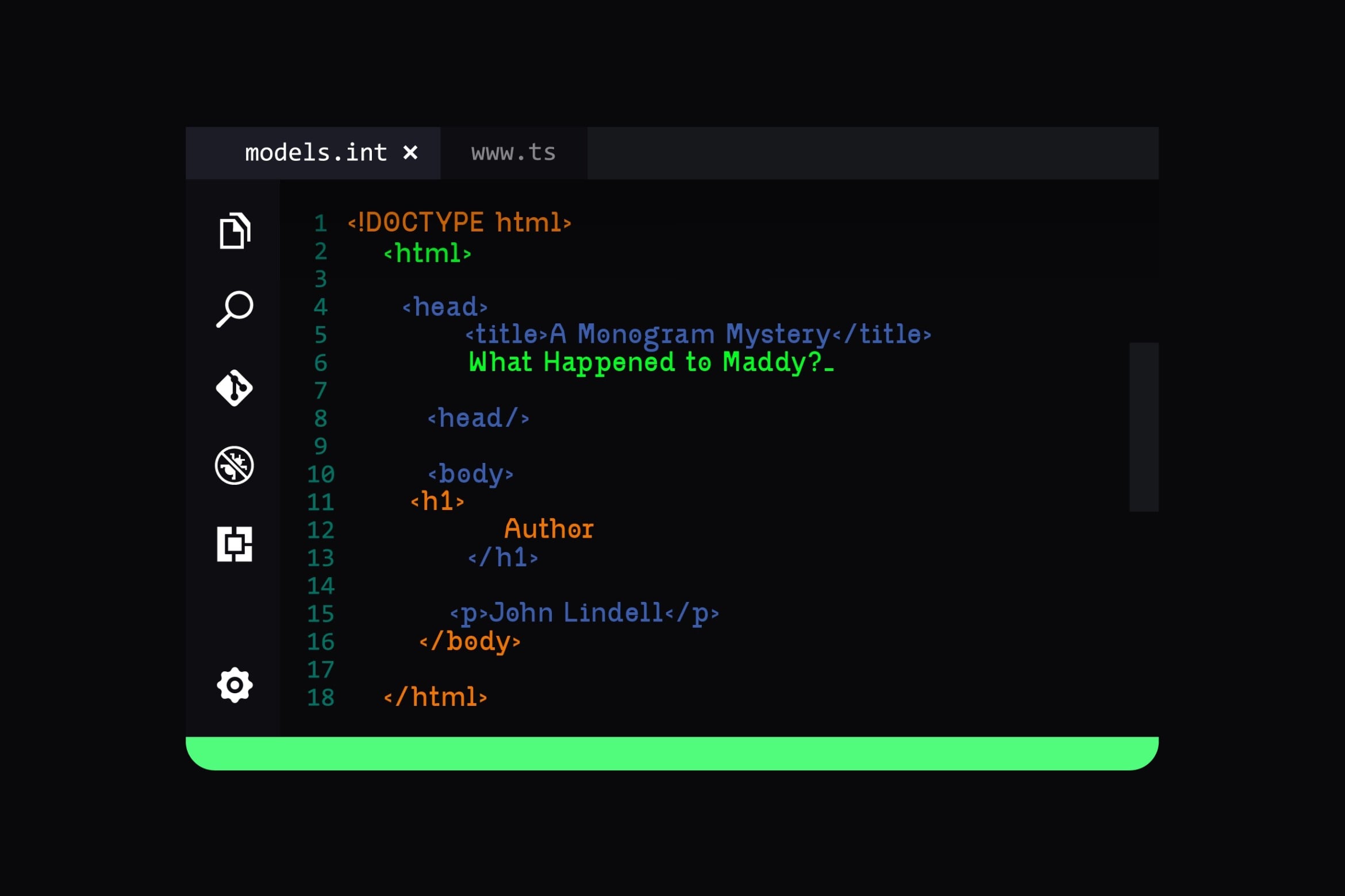 Code editor mockup with models.int file open, HTML structure, green terminal bar, dark interface