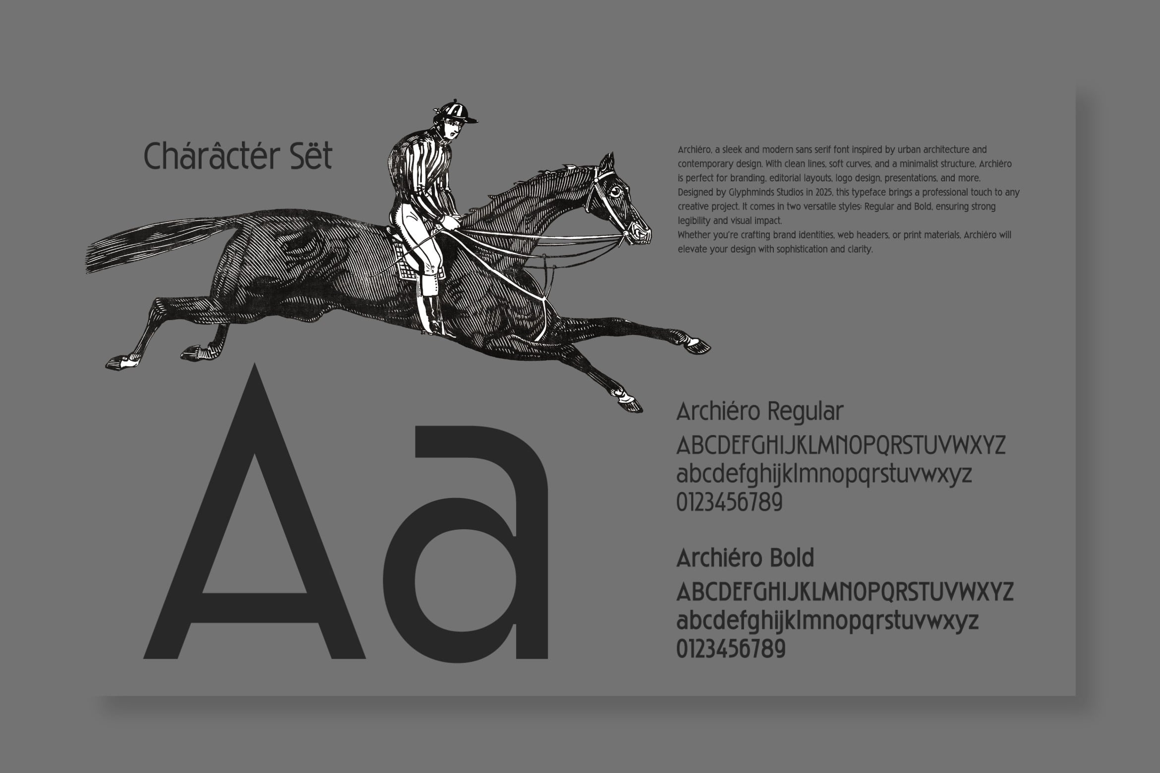 Archiero font character set with illustration of jockey on horseback