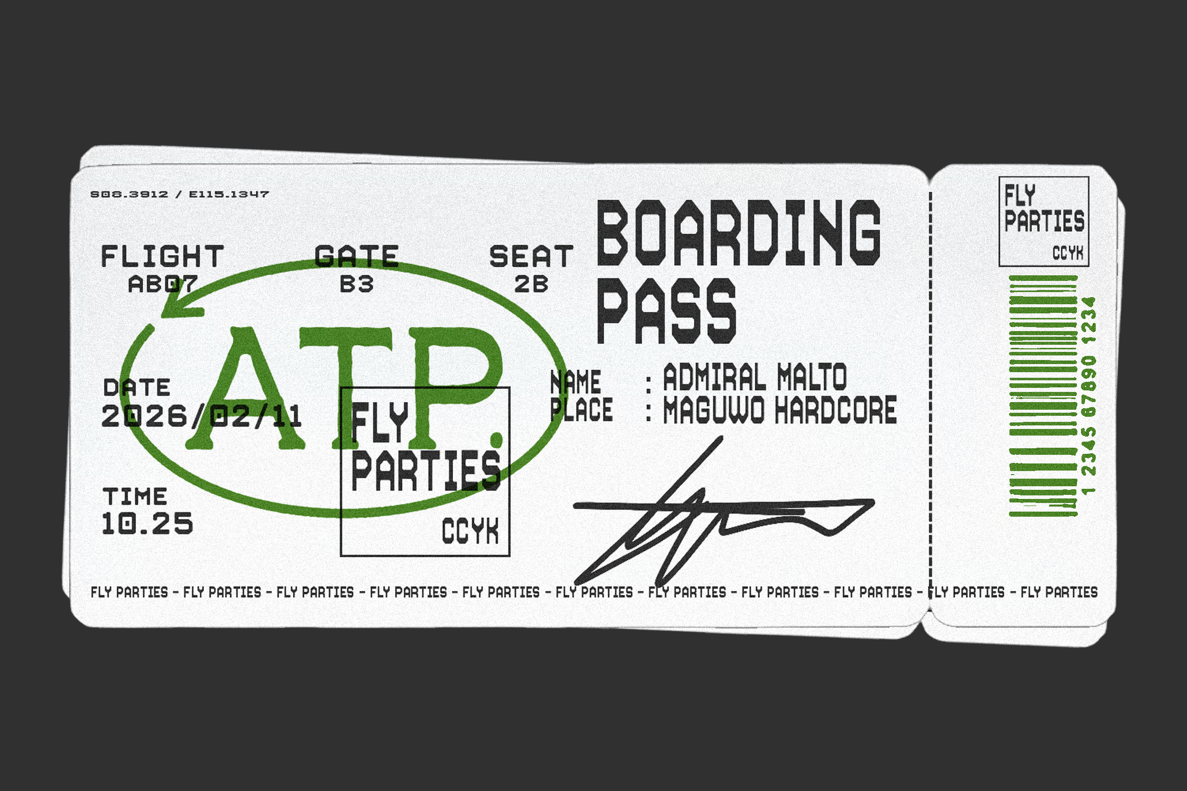 Retro airline boarding pass mockup with Arteu font in green stamp circles on cream cardstock
