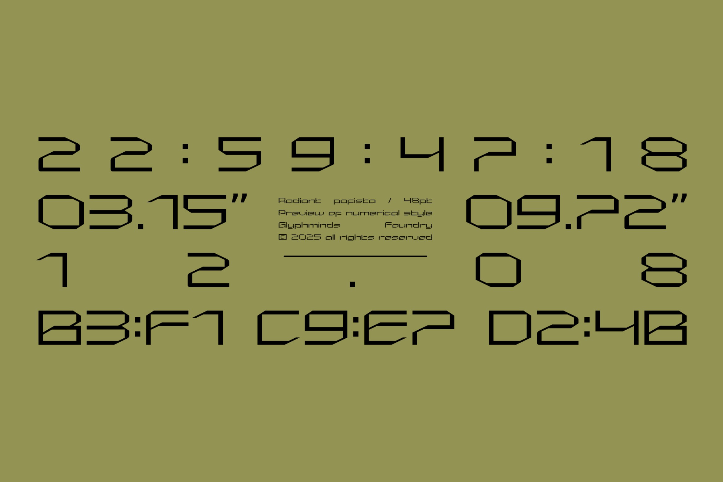 Radiant papista font preview displaying numerical style with timestamps on olive background