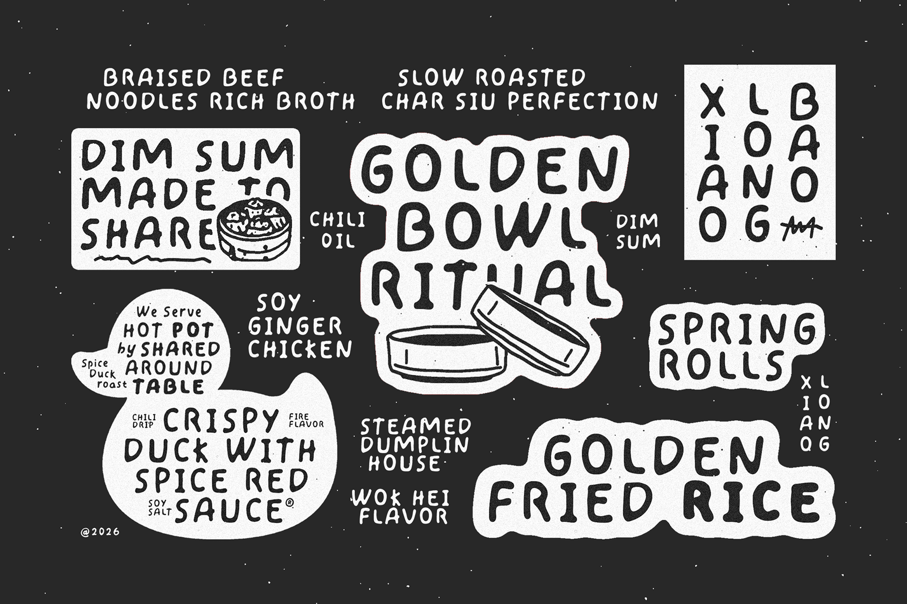 Hand-drawn Chinese restaurant menu with bowl illustrations, dim sum, spring rolls