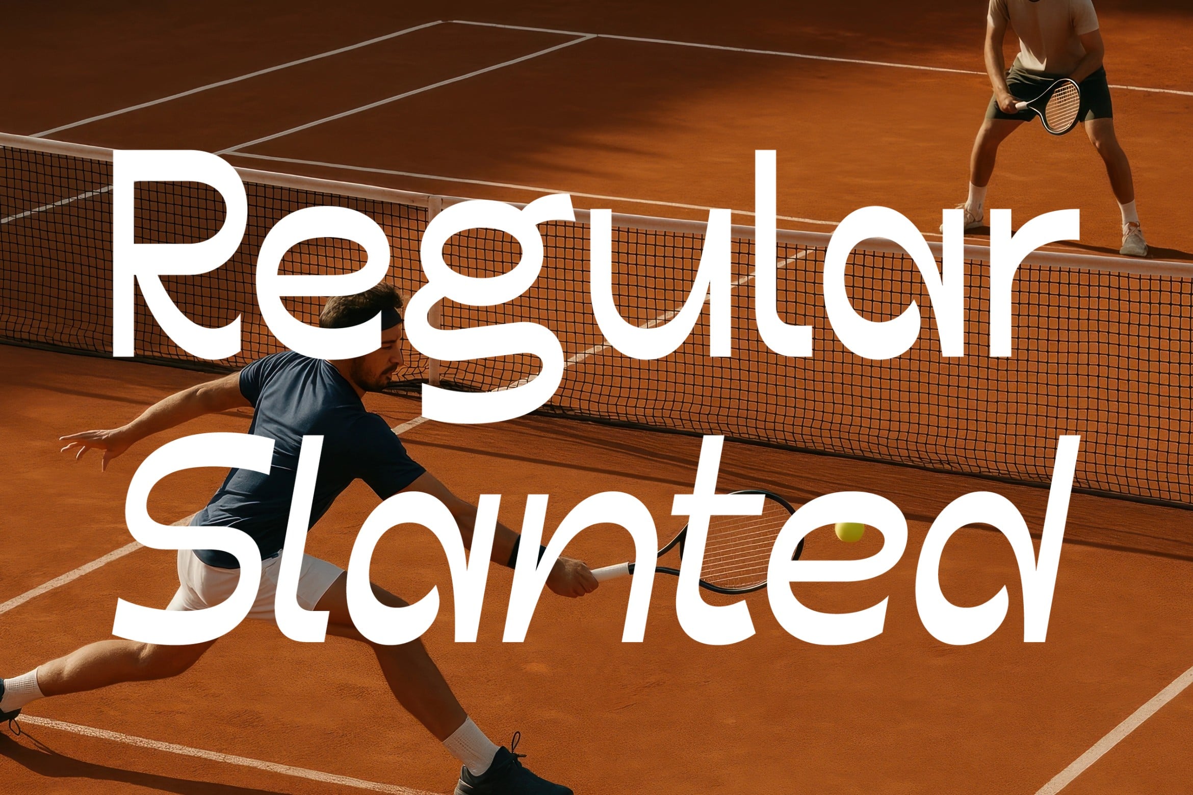 Tennis player diving on clay court with Regul Slanted text overlay