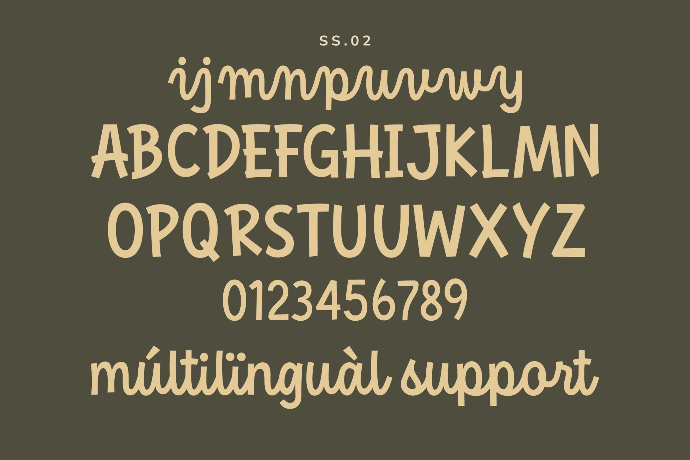 Font showcase displaying uppercase, lowercase, numbers with wavy stylistic details
