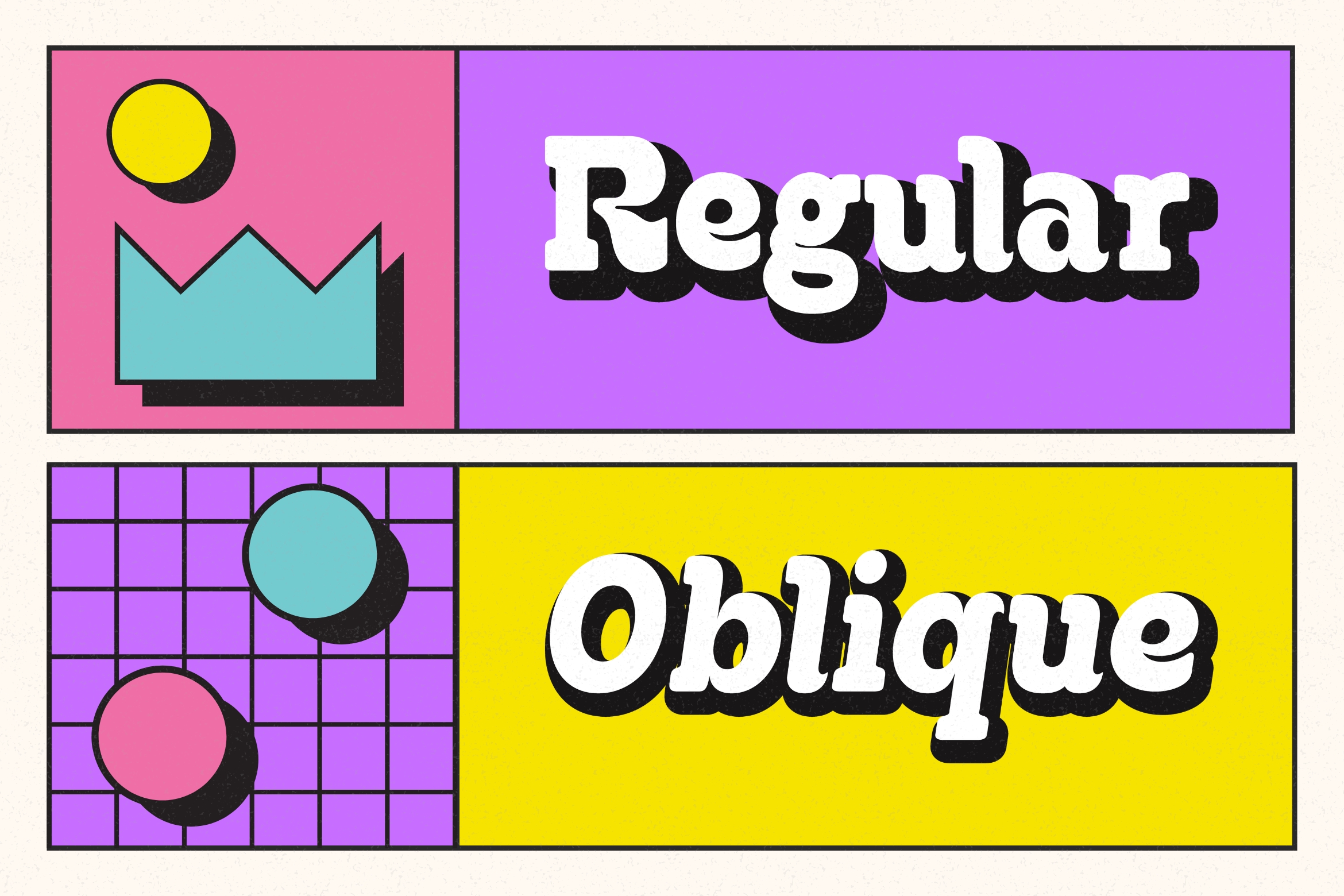 Retro 80s font styles Regular outline Regular Oblique on colorful geometric panels