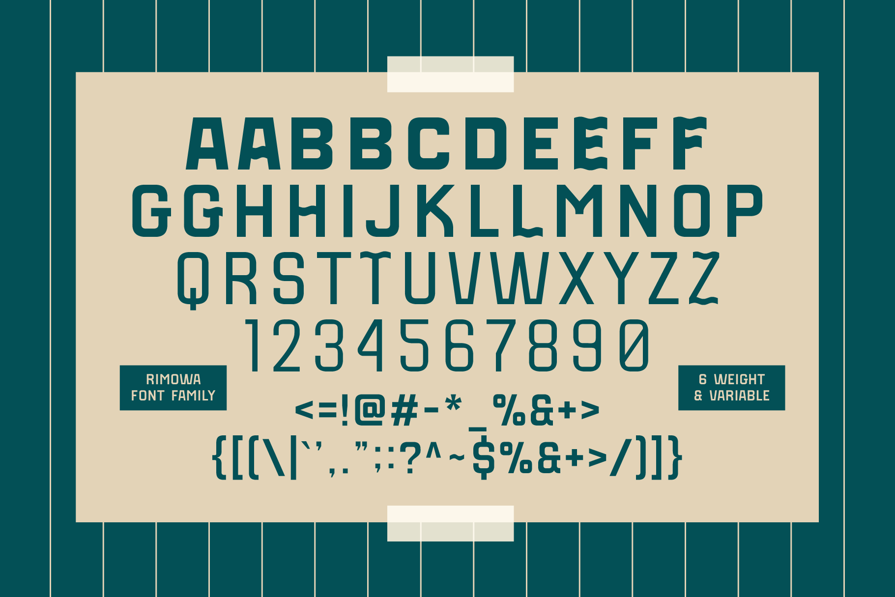 Rimowa font specimen showing alphabet numbers symbols, 6 weights variable