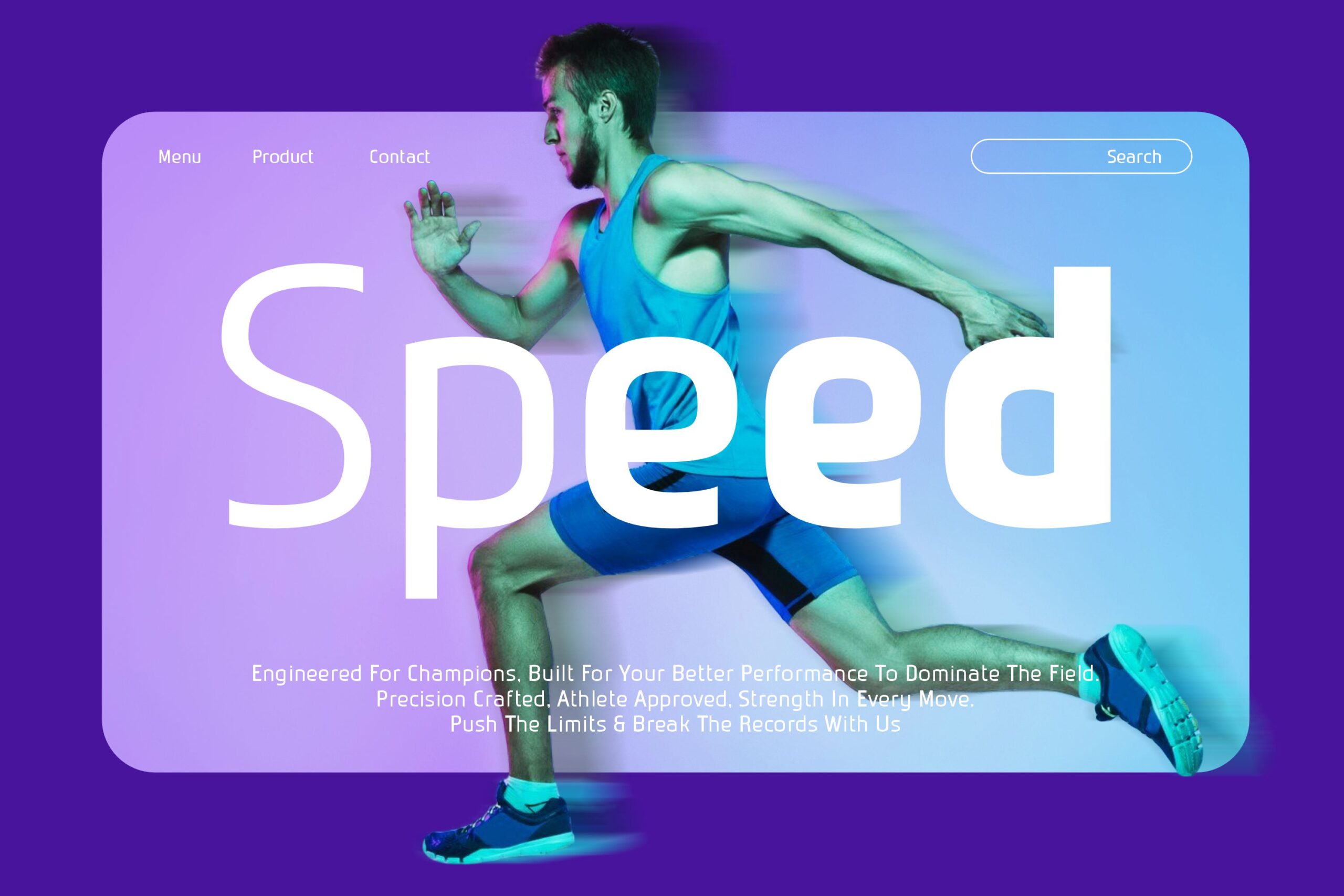 Speed hero website mockup with runner in motion purple to blue gradient