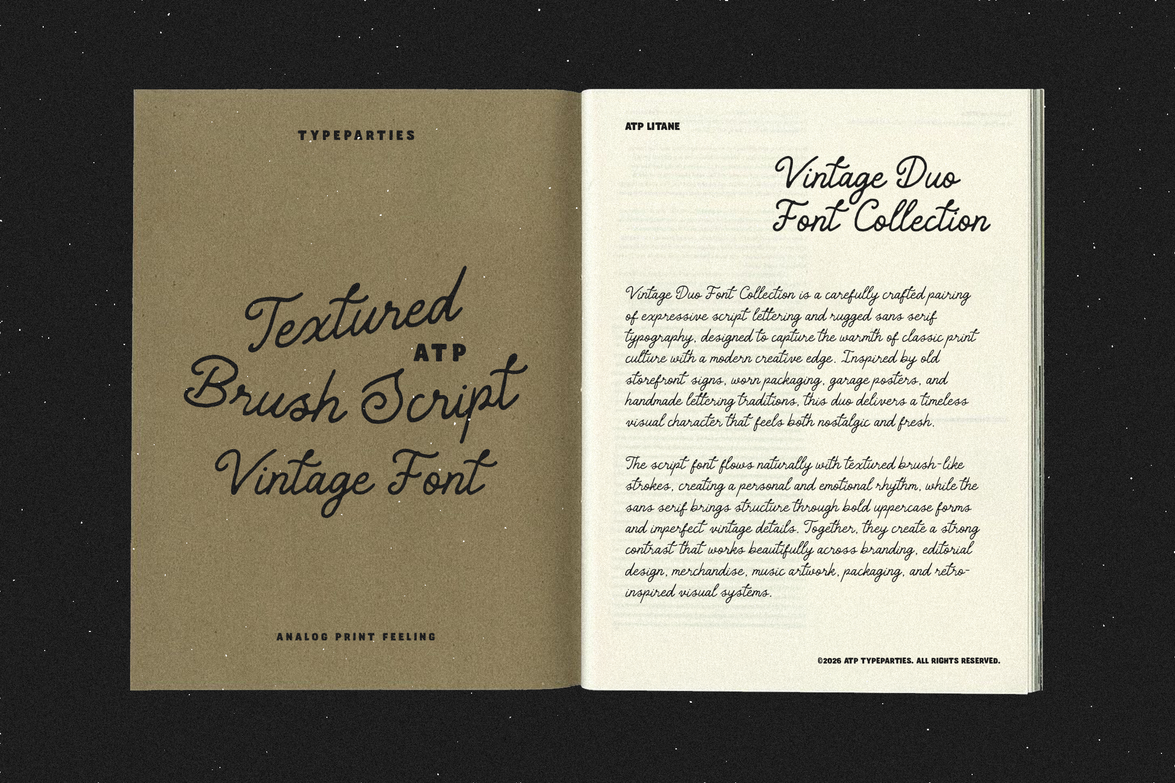 Textured vintage font duo displayed in an open book layout. Perfect for designers seeking expressive script and sans serif typography for creative projects.