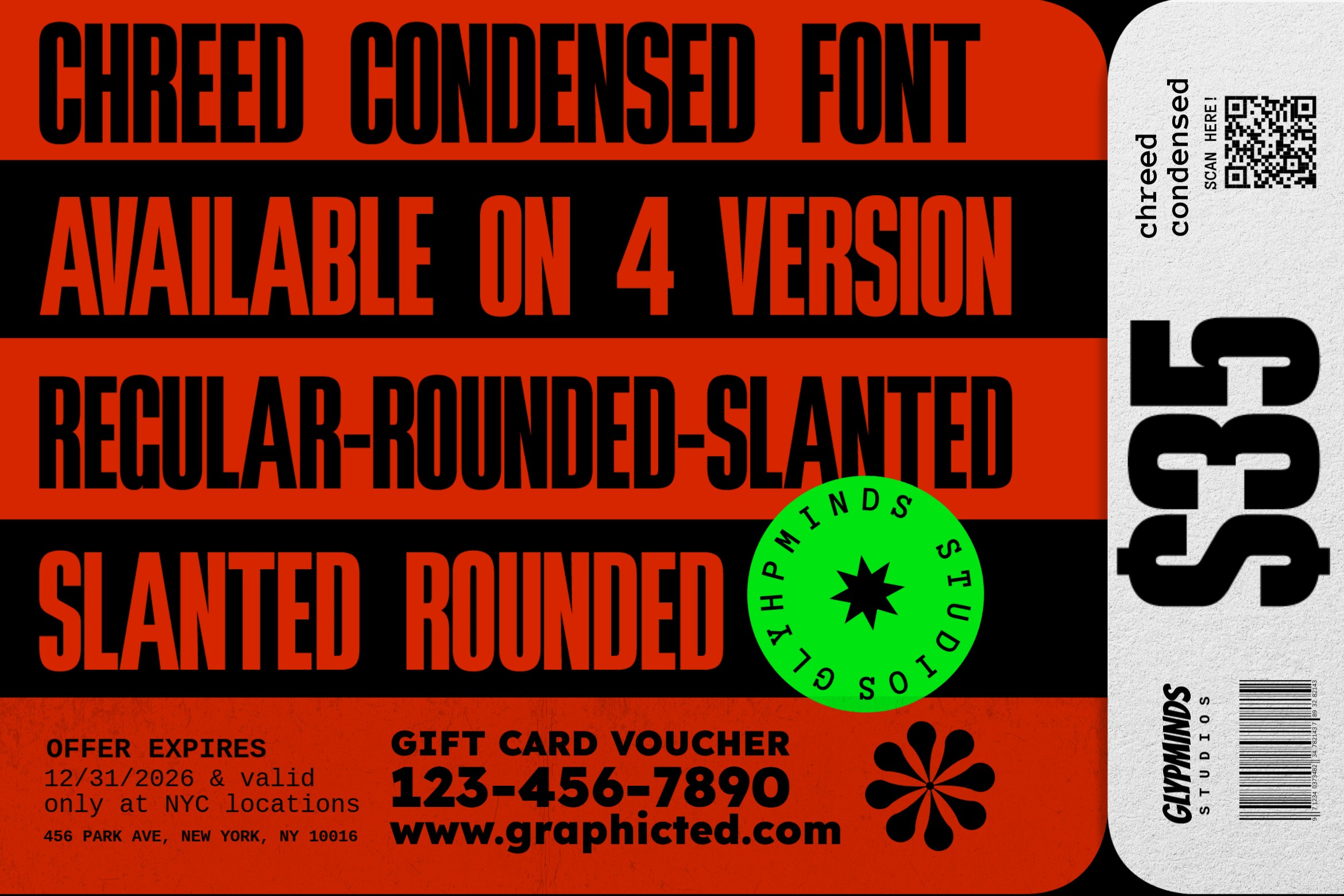 Bold red gift card mockup with Chreed condensed font in multiple weights