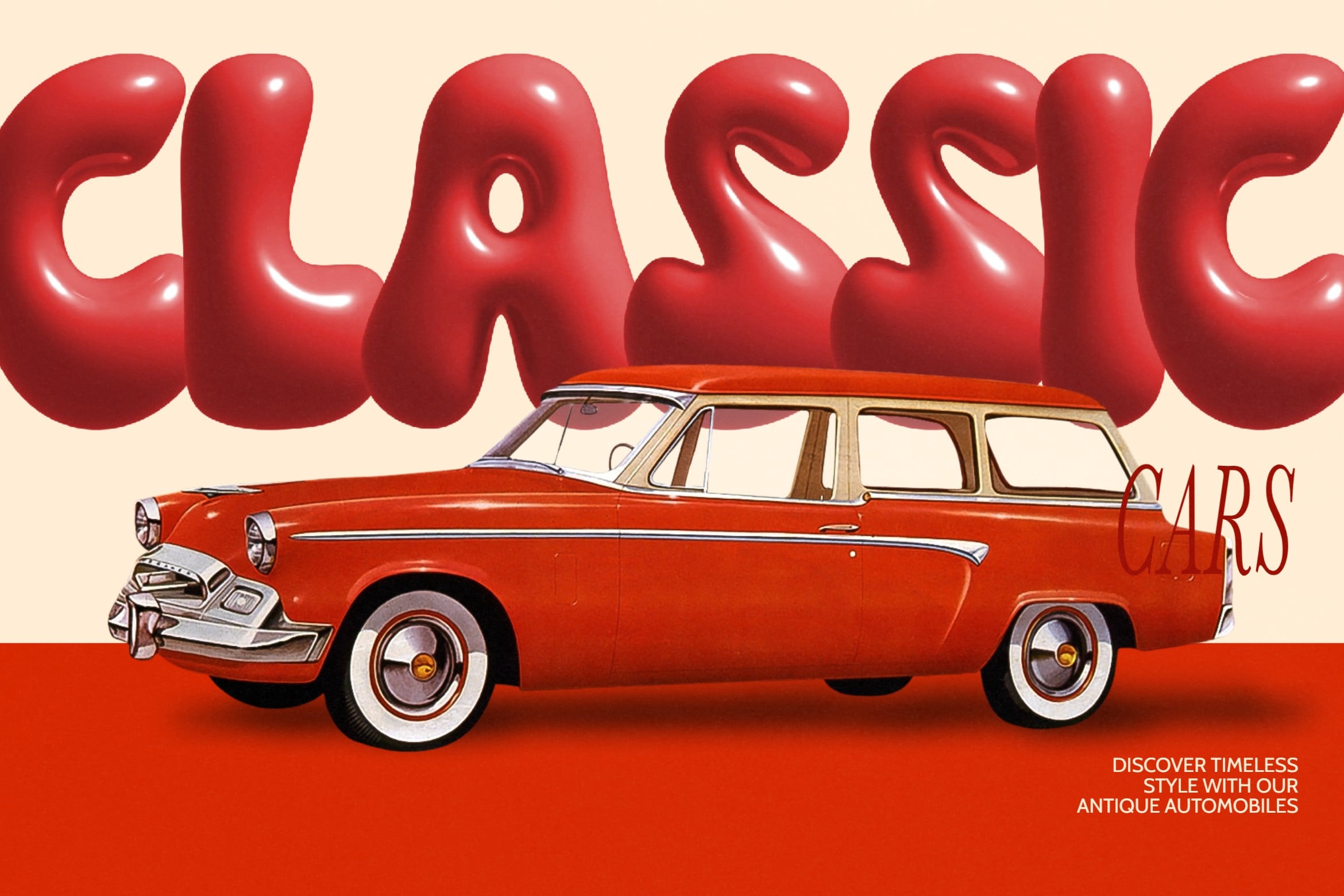 Glossy red 3D text spelling Classic above vintage 1950s station wagon illustration