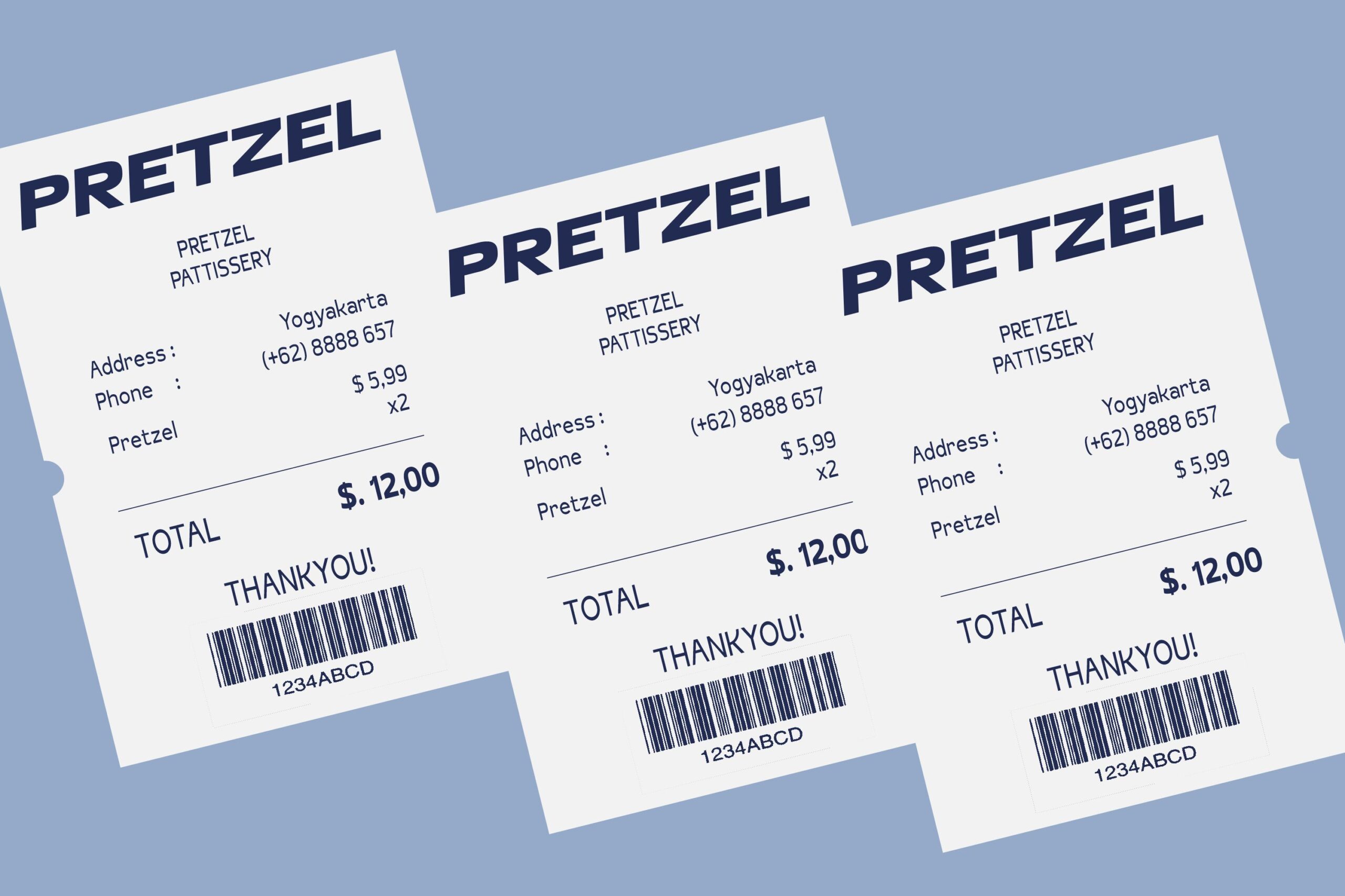 Three angled receipt mockups for Pretzel Pattissery with pricing, contact details, barcodes on blue background