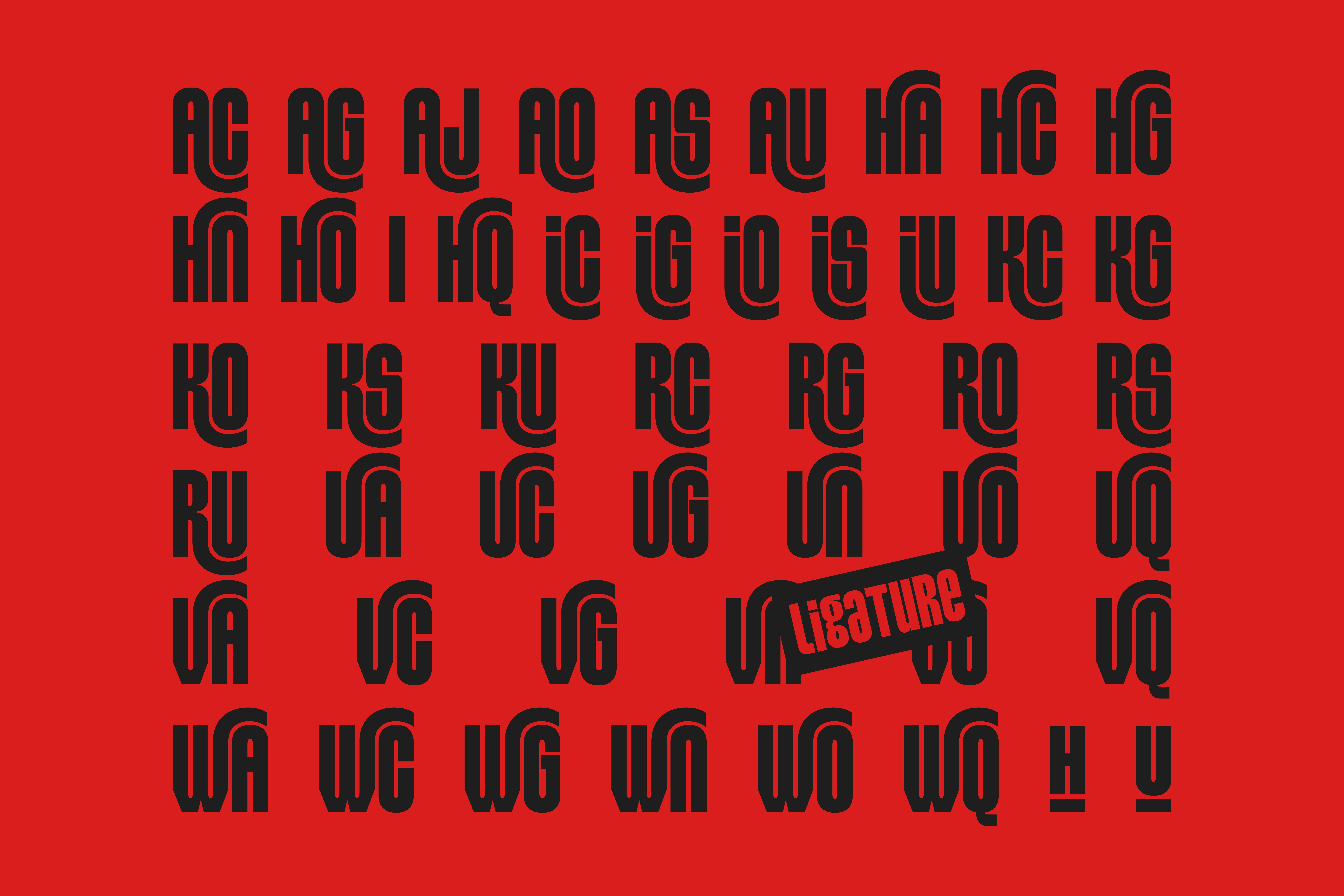 Bold retro font showcasing ligatures on a vibrant red background. Ideal for designers seeking unique typography assets in fonts and graphics categories.