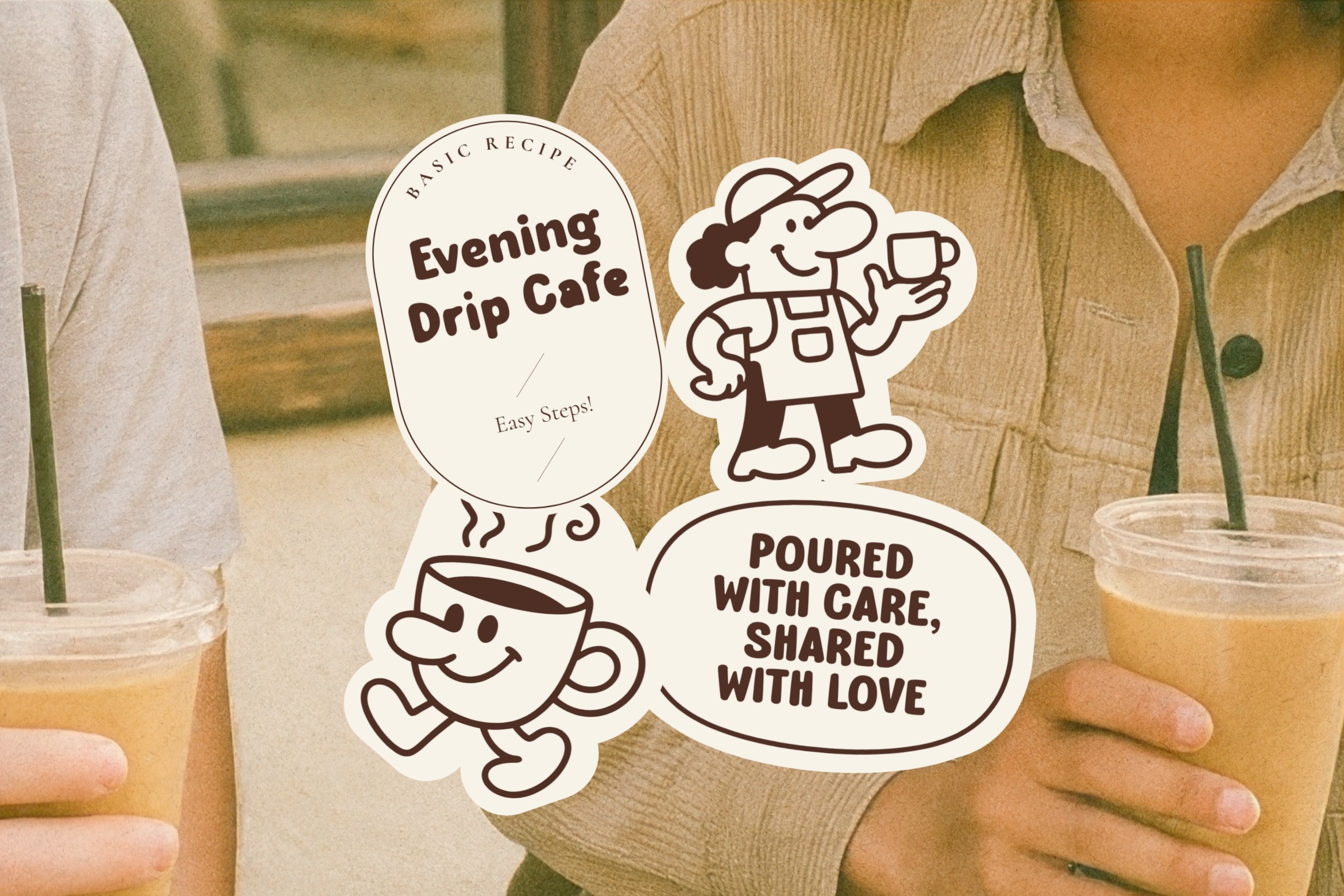 Retro coffee sticker set with cute character holding mug, recipe label, speech bubble saying poured with care shared with love