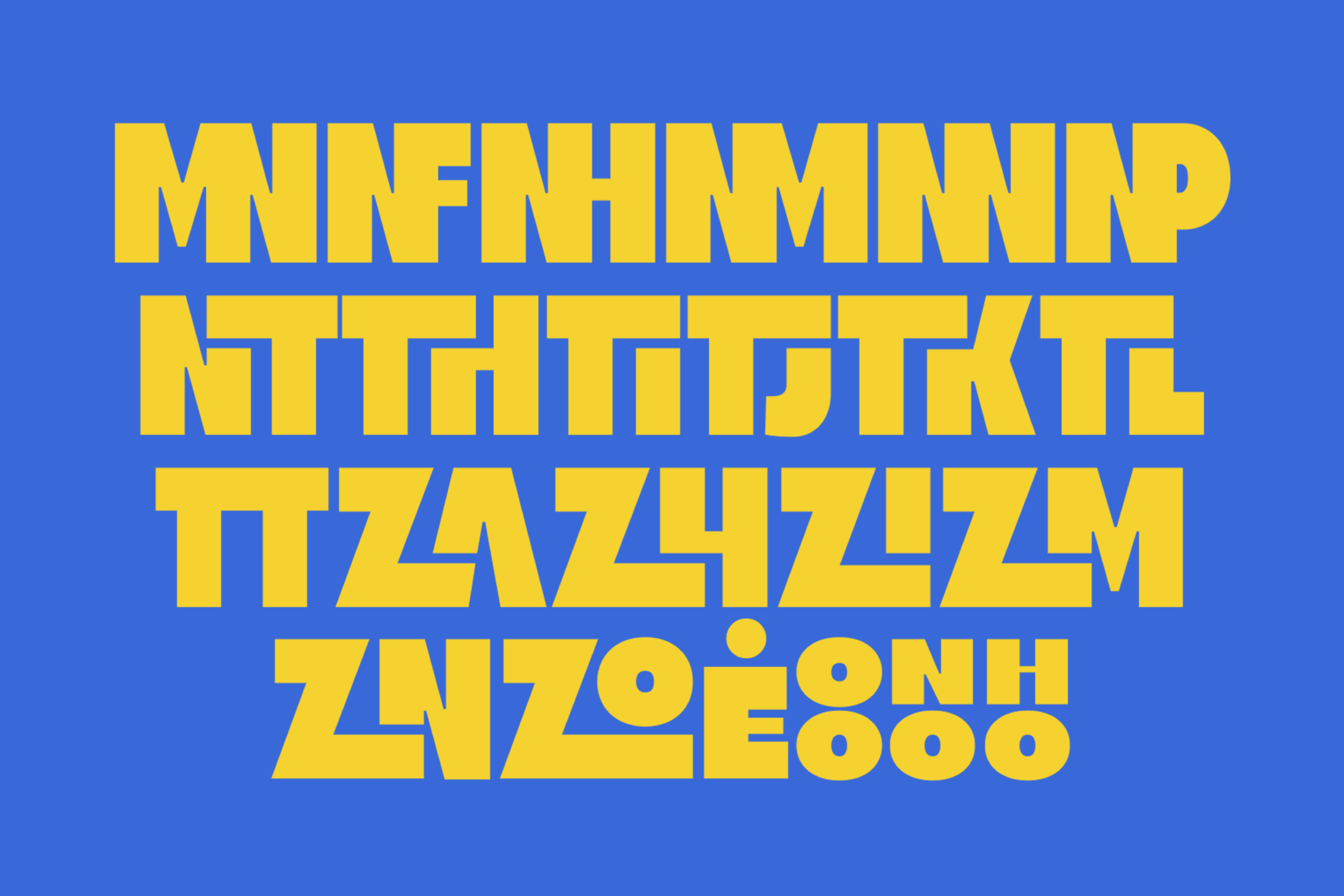 Bold geometric font design in bright yellow on blue background ideal for graphic design projects typography templates and creative assets marketplace.