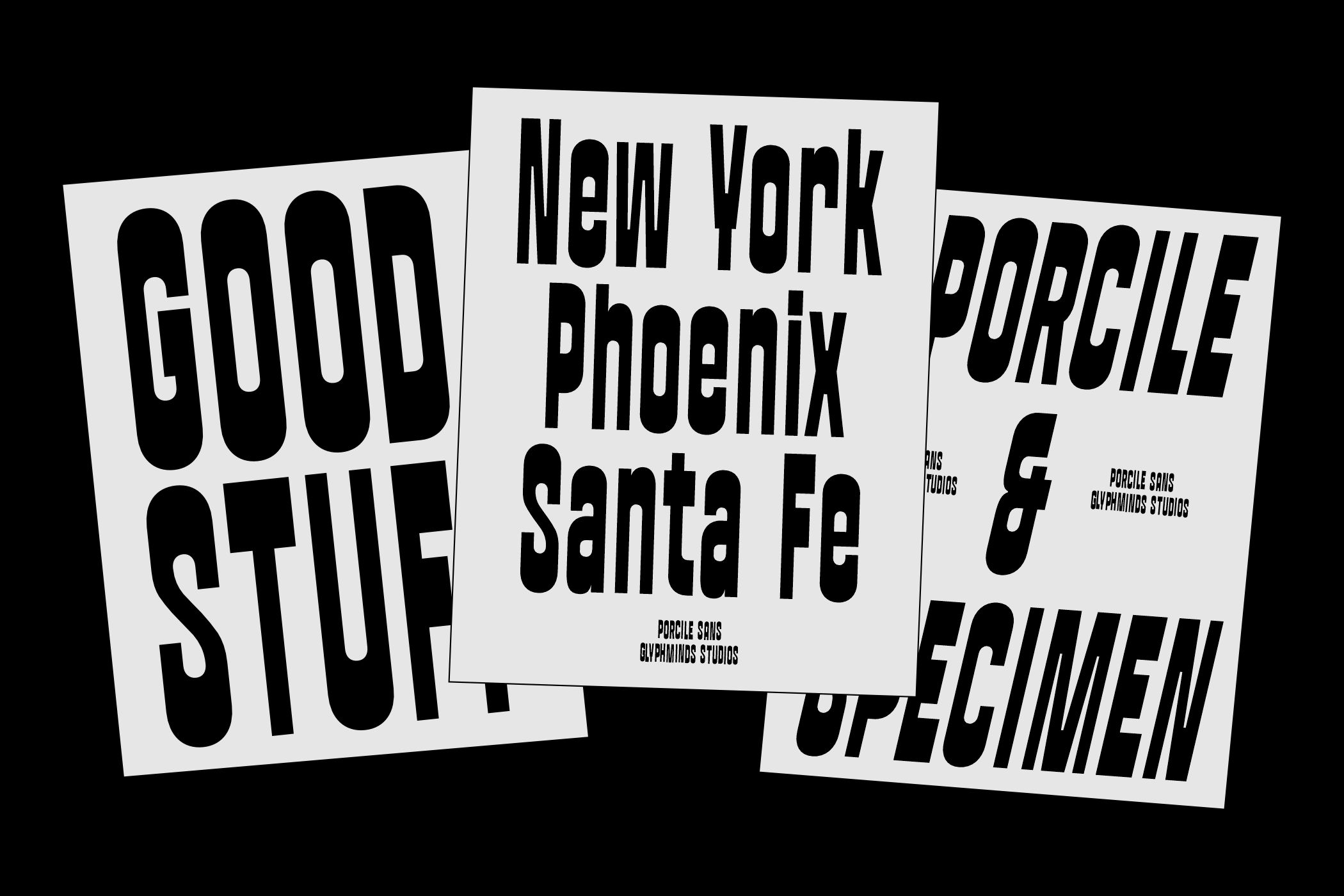 Three overlapping posters showing Porcile Sans font in black condensed style
