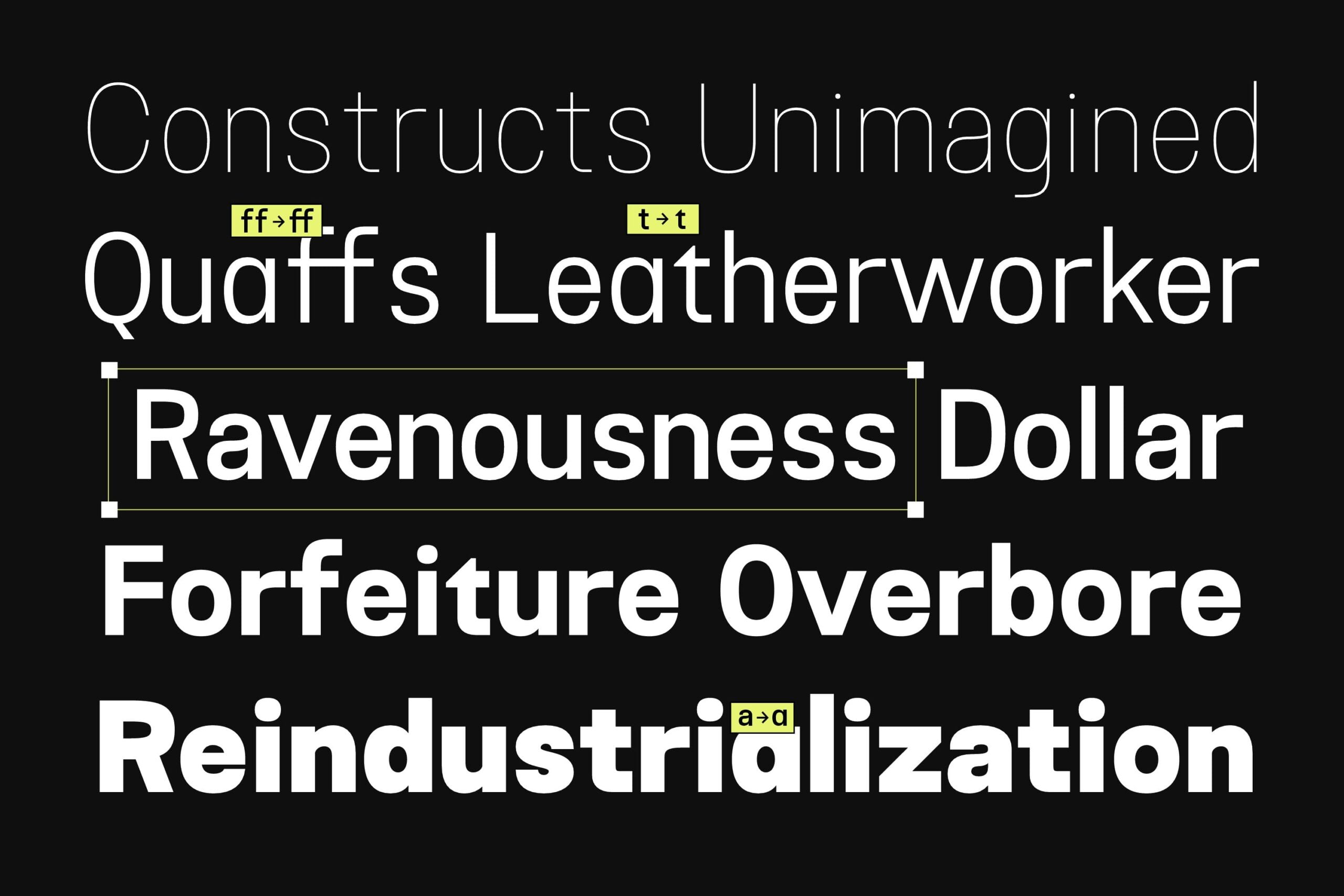 Constructs Unlimited font family showing 10 weights in bold sans serif style