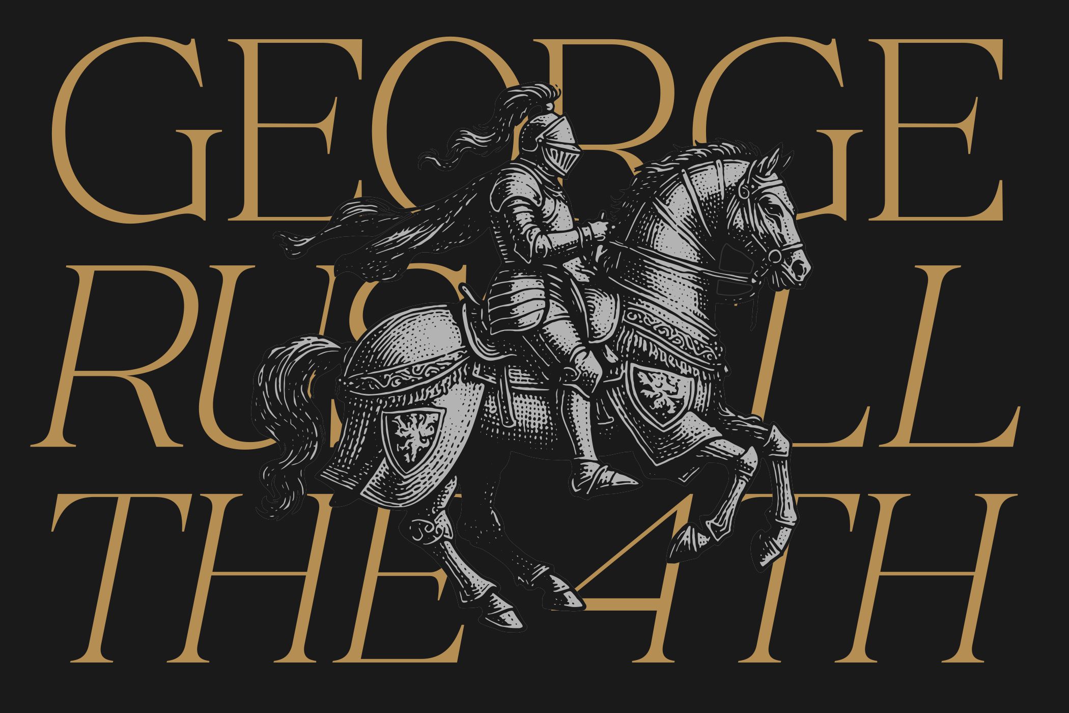 Gold serif letters overlaying engraved knight horse illustration on dark background