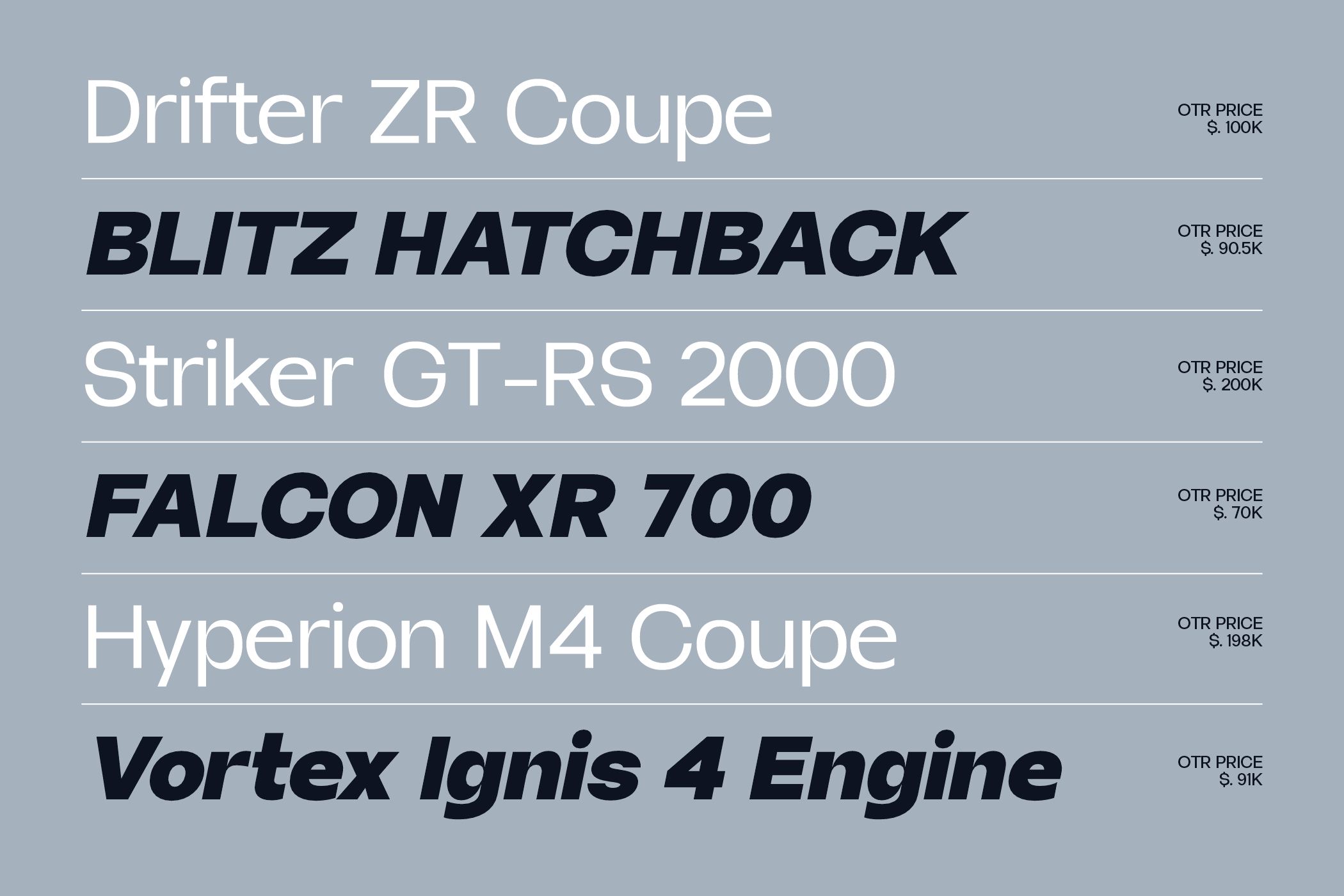 Pricing list for concept cars Drifter ZR Coupe Blitz Hatchback Striker Falcon