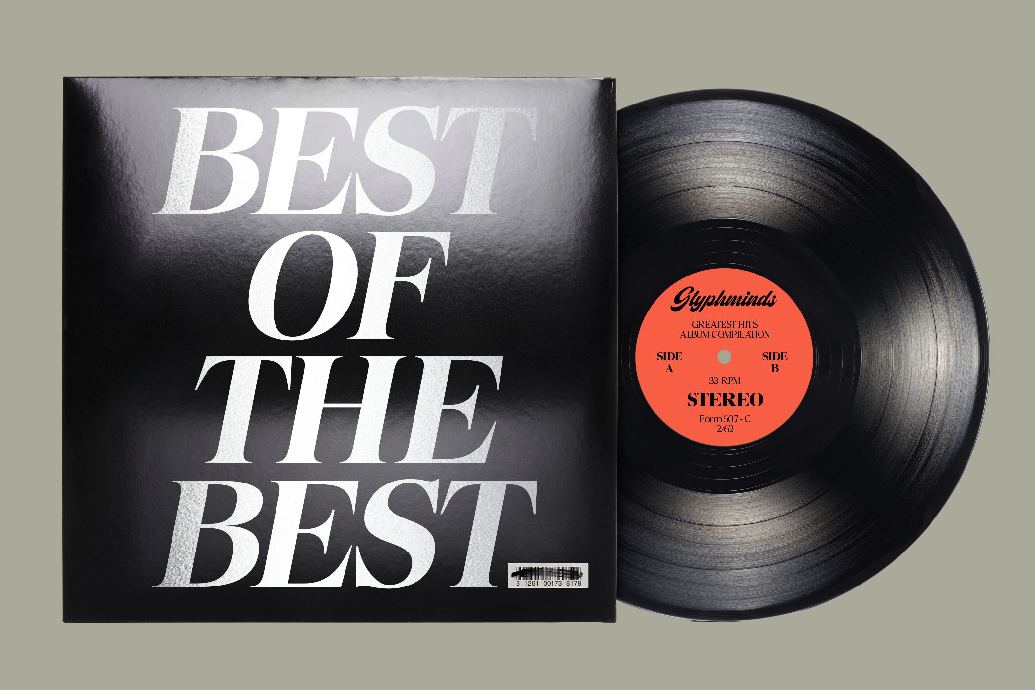 Vinyl record mockup with black record, orange label, album artwork featuring bold typography