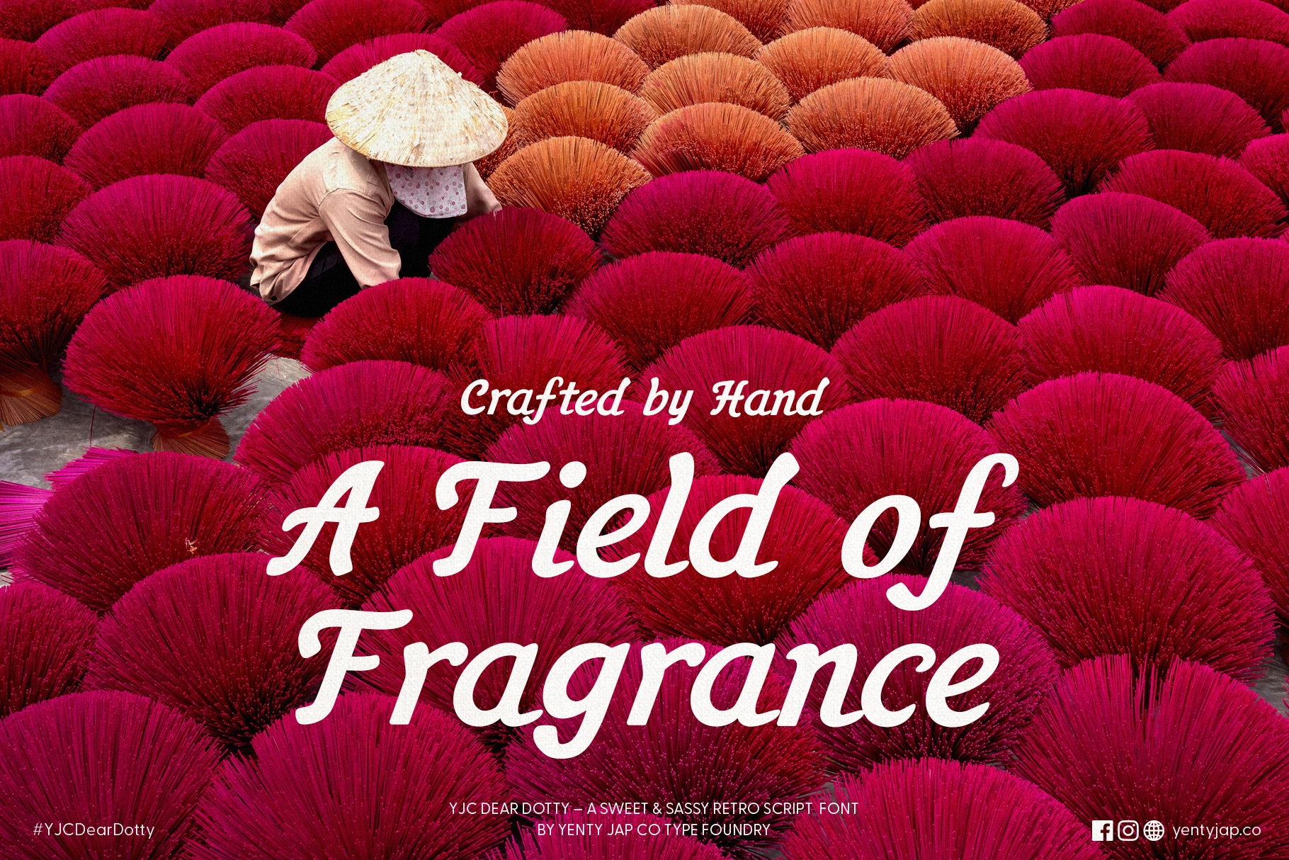 Aerial view of vibrant pink incense coils with person in cone hat, Dear Dotty typography