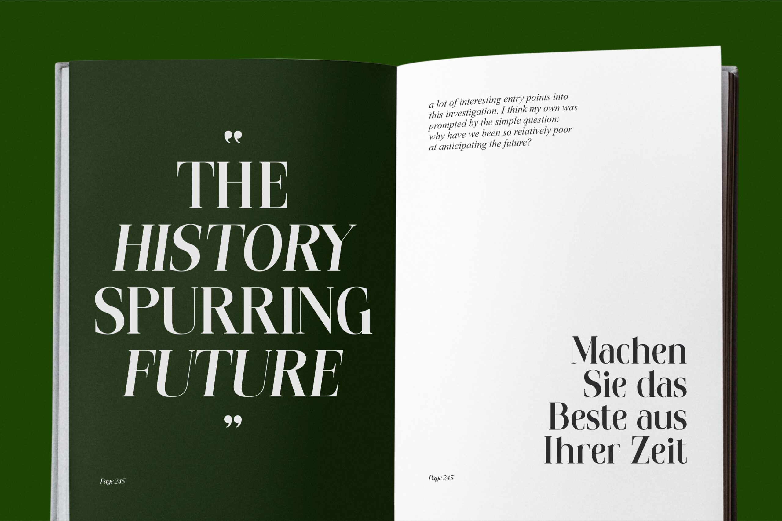 Open book spread with green left page featuring large white serif text quote about history