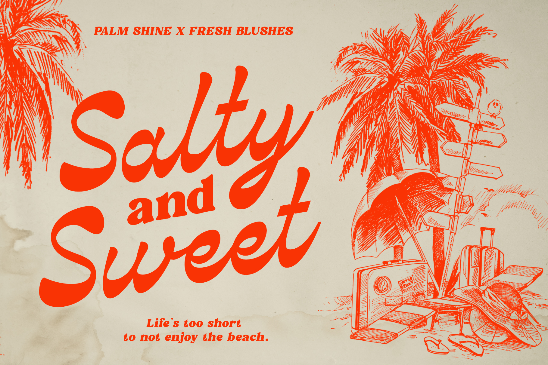 Salty Sweet italic font with palm tree beach illustration on cream background