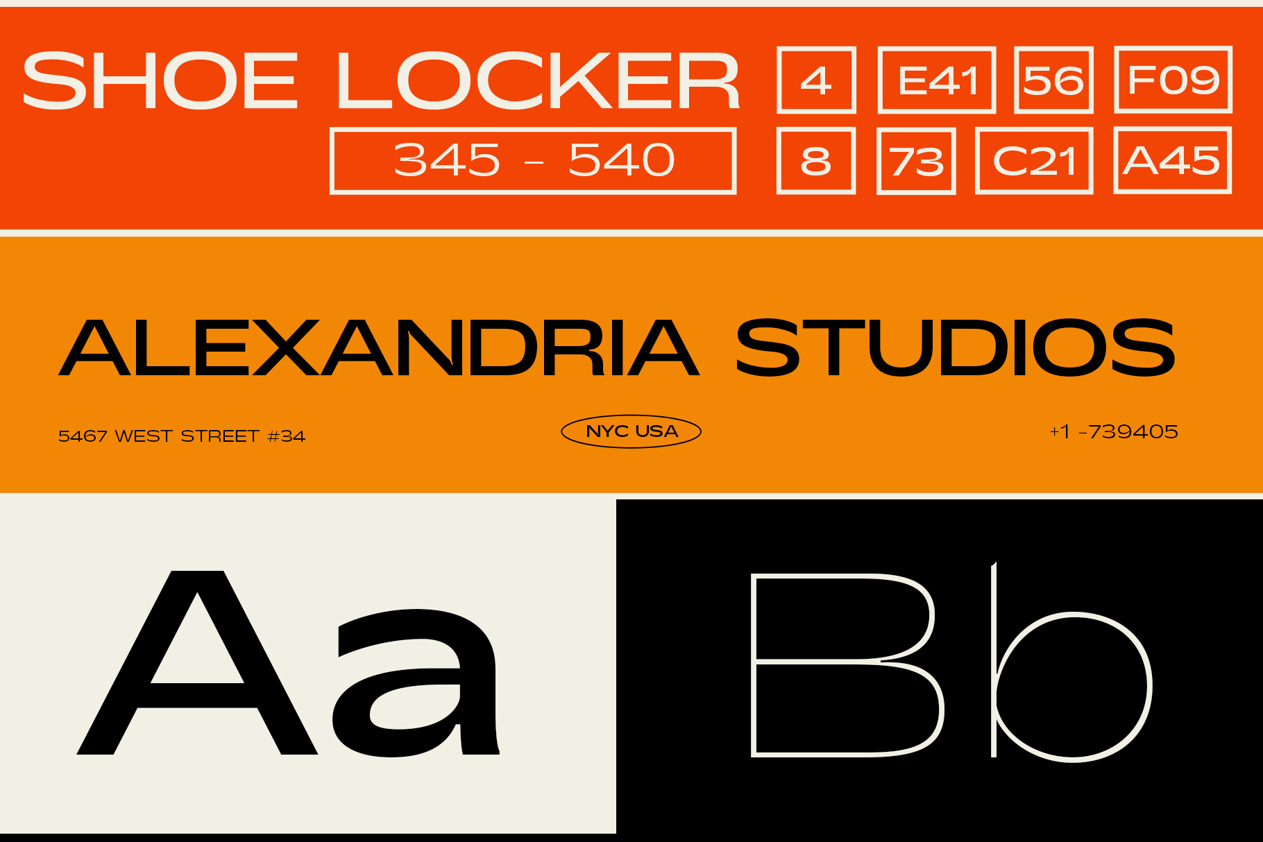 Orange banner with Shoe Locker location codes, Alexandria Studios NYC address info, typeface samples Aa Bo
