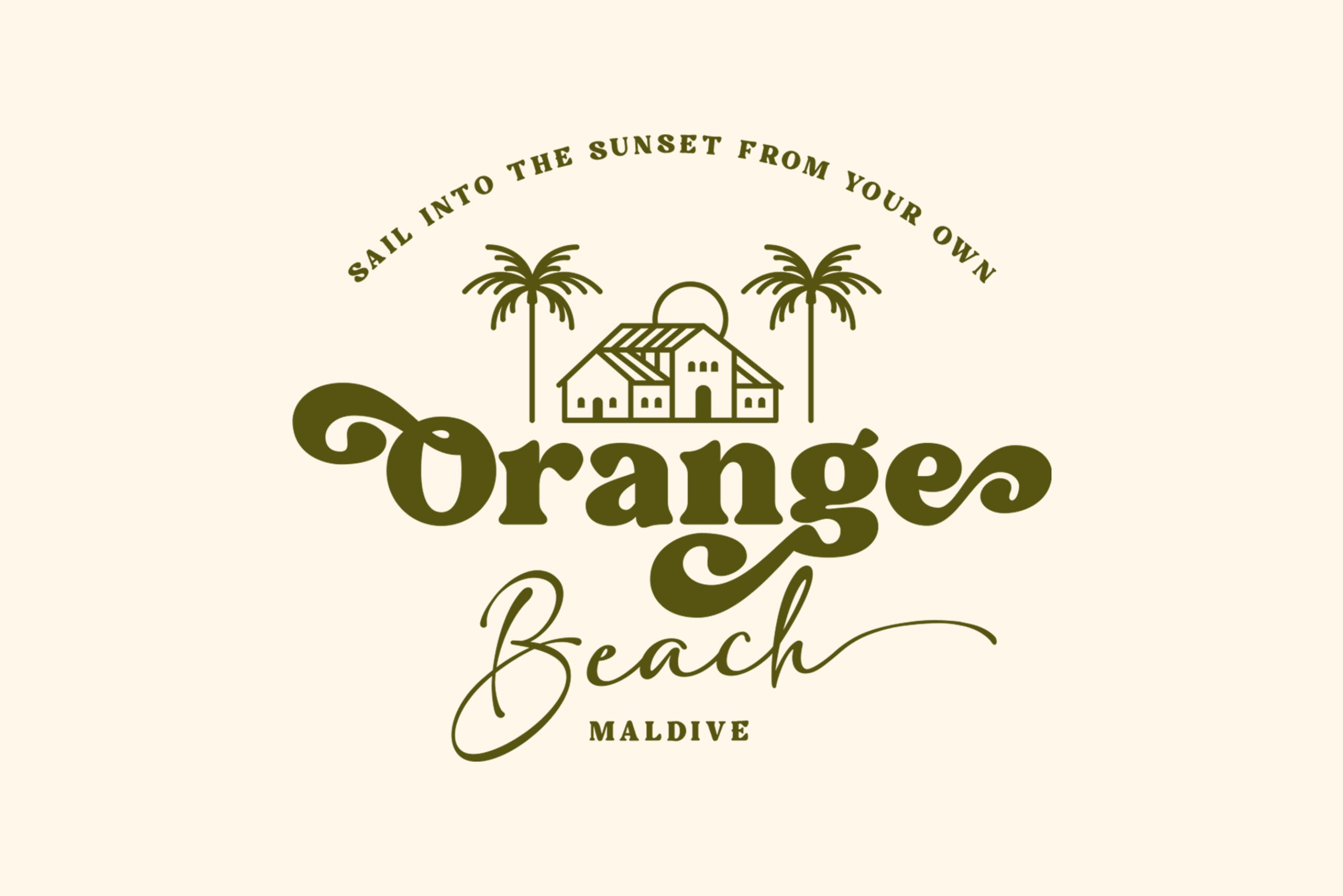Orange Beach Maldive logo with palm trees, house icon, olive green color palette