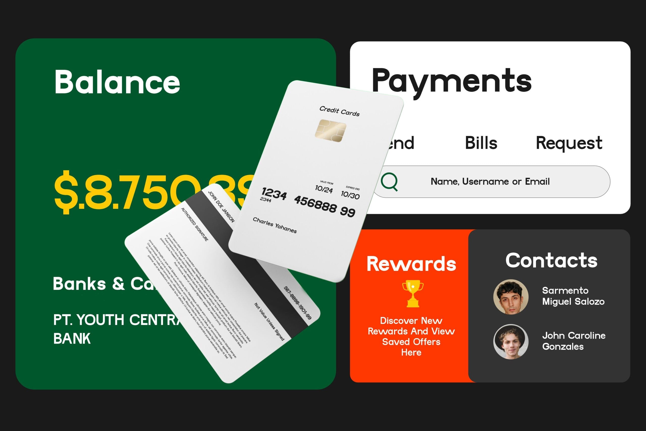 Banking app interface mockup showing balance, payments, rewards, contacts sections with credit card