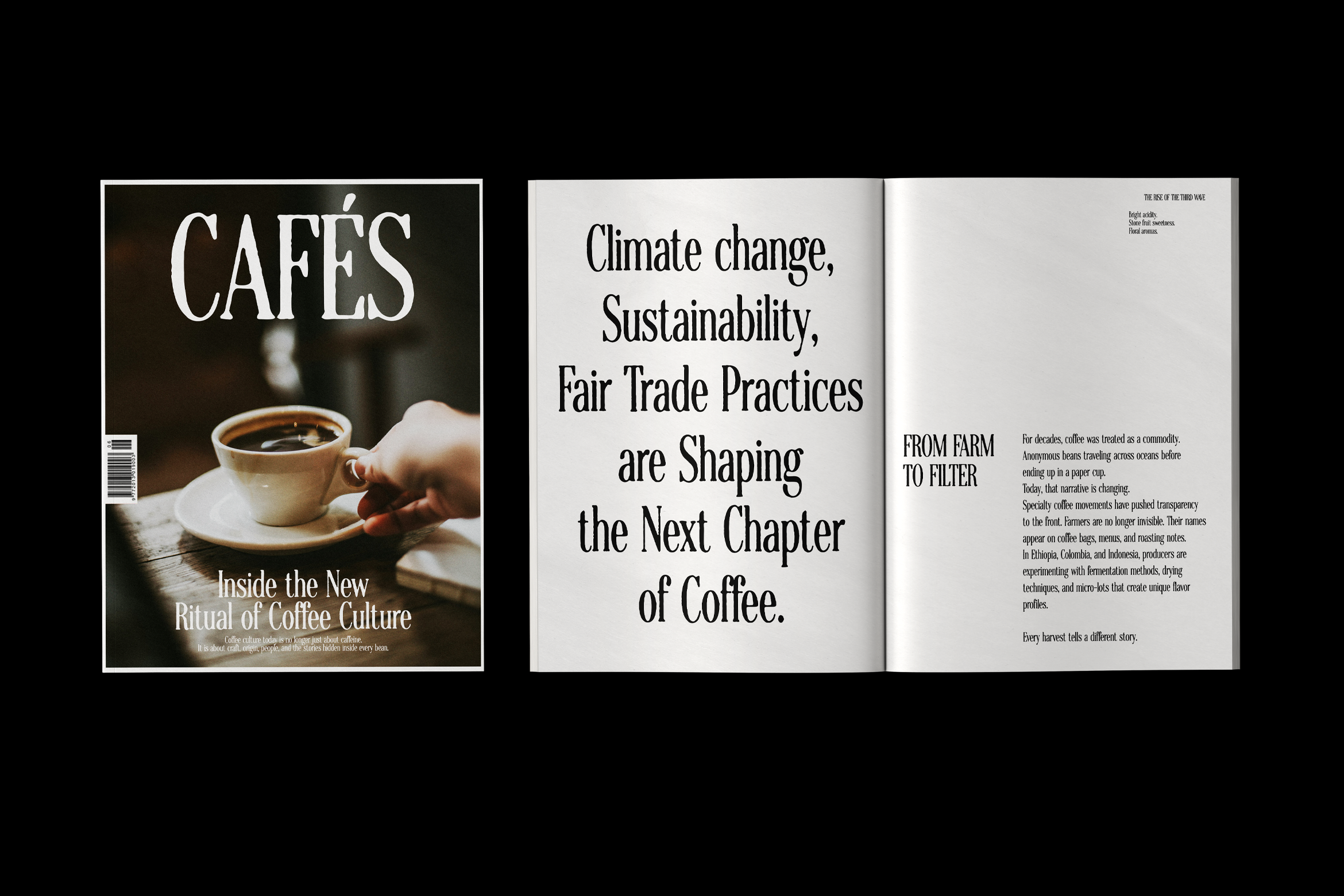 Magazine spread with coffee cup cover story on sustainability plus interior pages on fair trade practices