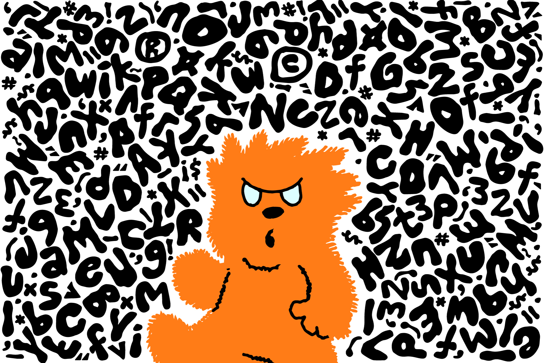 Angry orange fuzzy character surrounded by chaotic black letters on white background