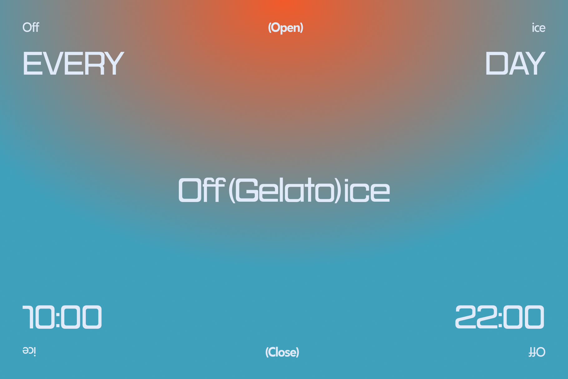Minimalist storefront sign mockup with gradient blue to orange background showing hours