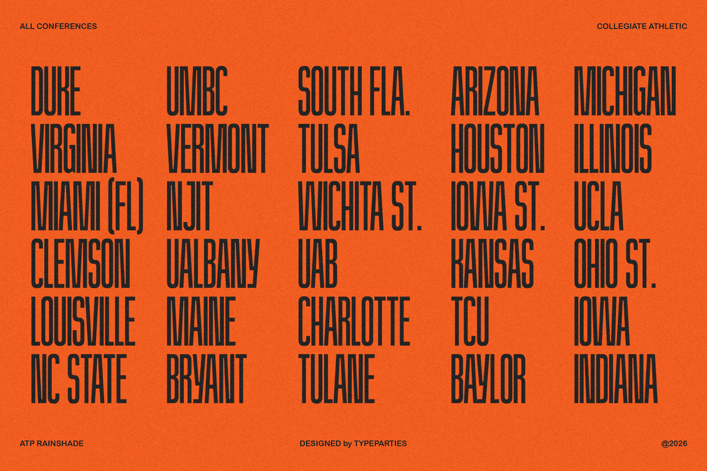 Bold collegiate font graphic on orange background listing various university names suitable for design mockups templates and typography enthusiasts.