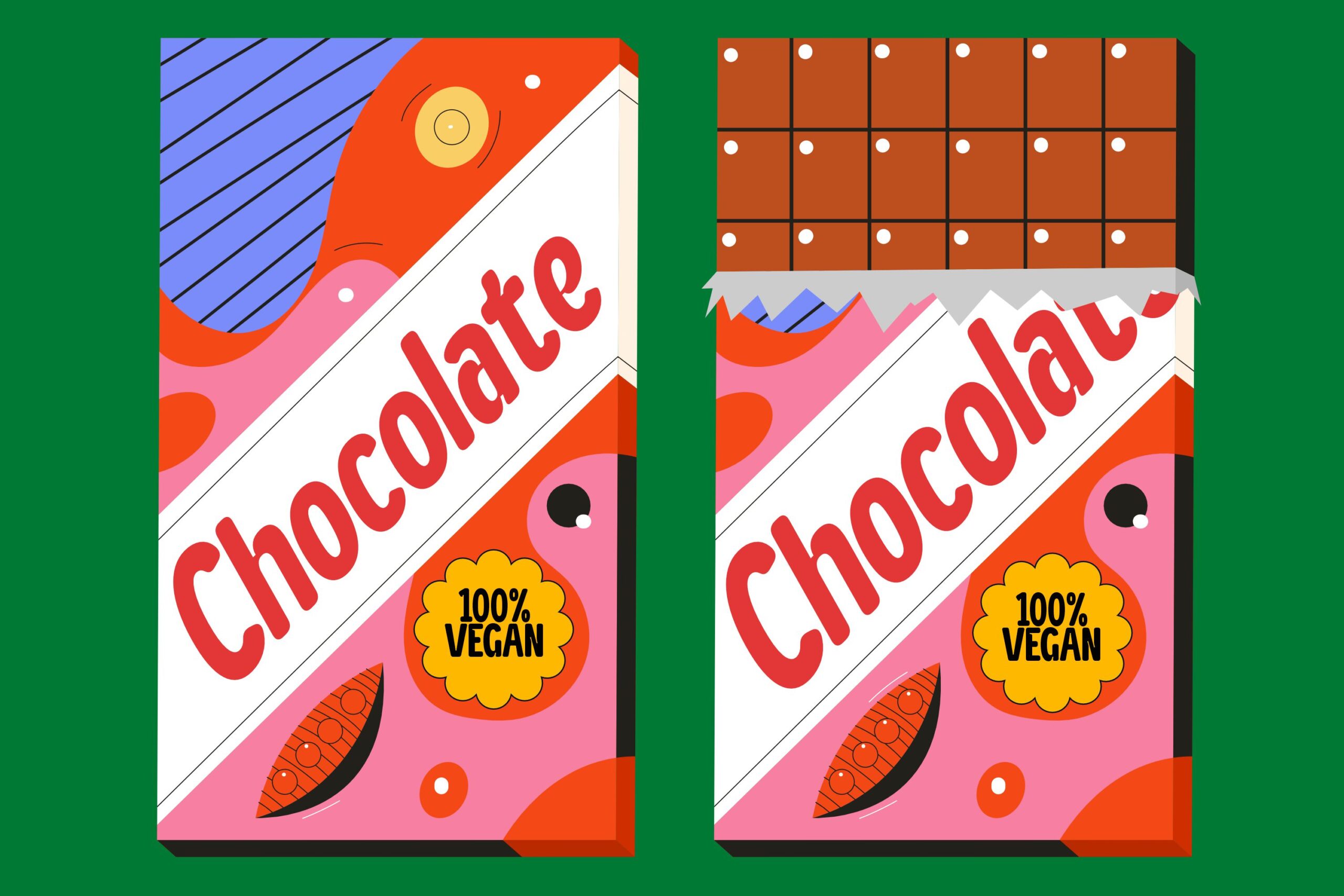 Colorful vegan chocolate bar packaging mockup showing front left view on green