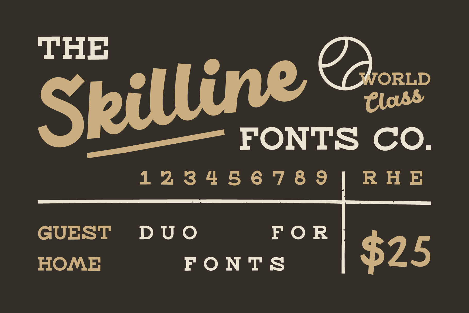 Skilline Fonts Co vintage poster layout with tan gold white text on dark field
