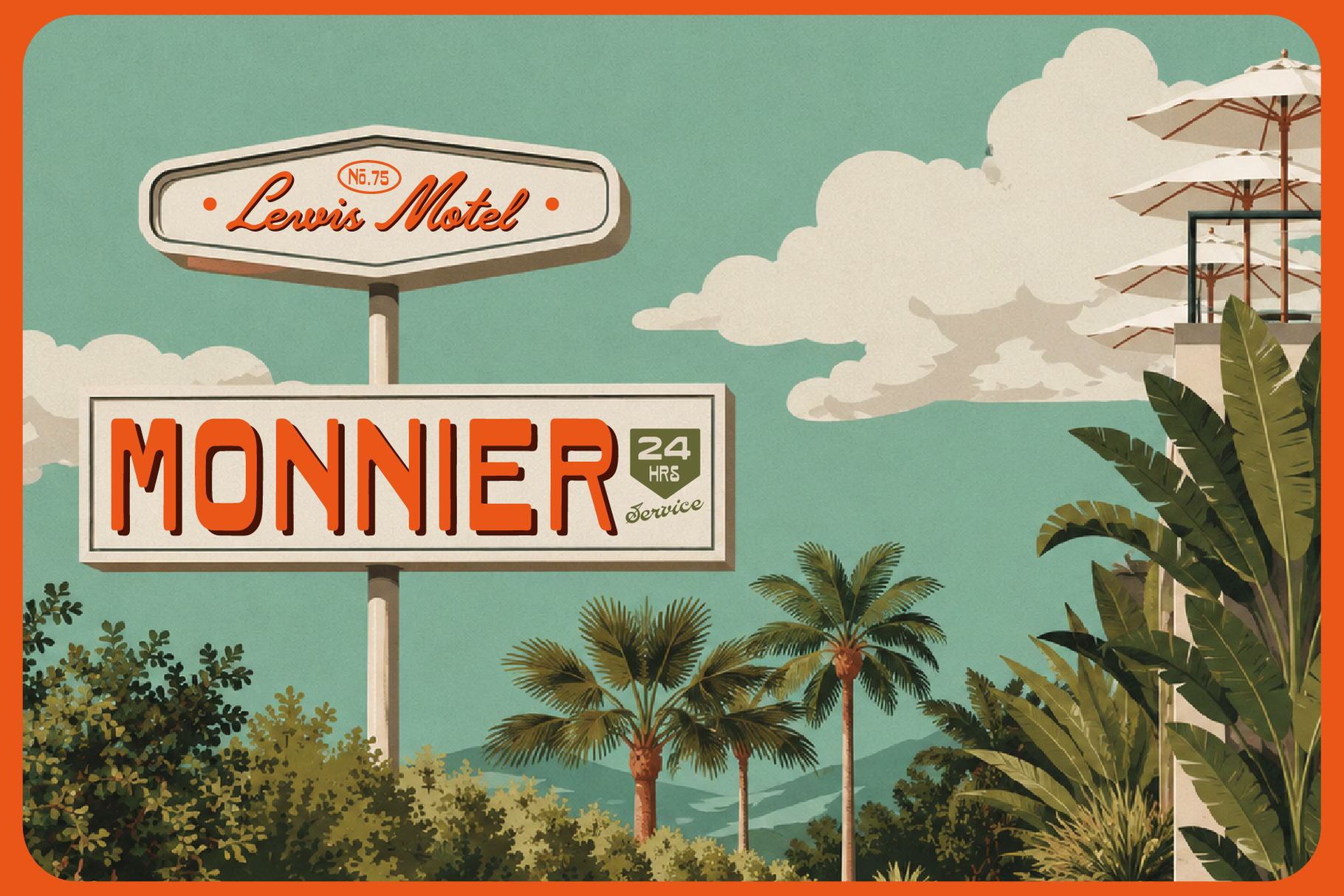 Retro motel signs with mid-century desert landscape, vintage vibes with turquoise sky