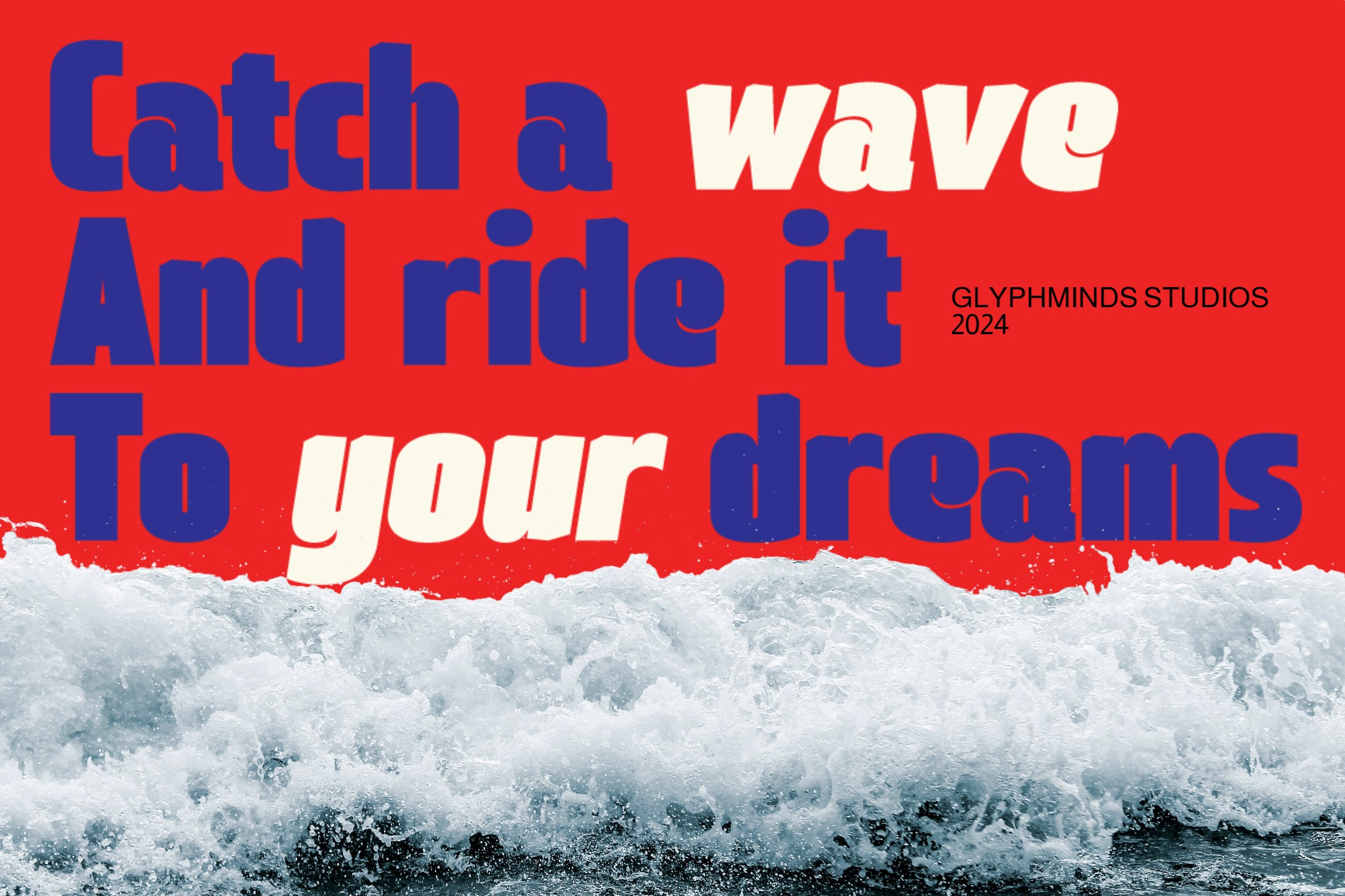 Beach wave poster with bold text layout on red background