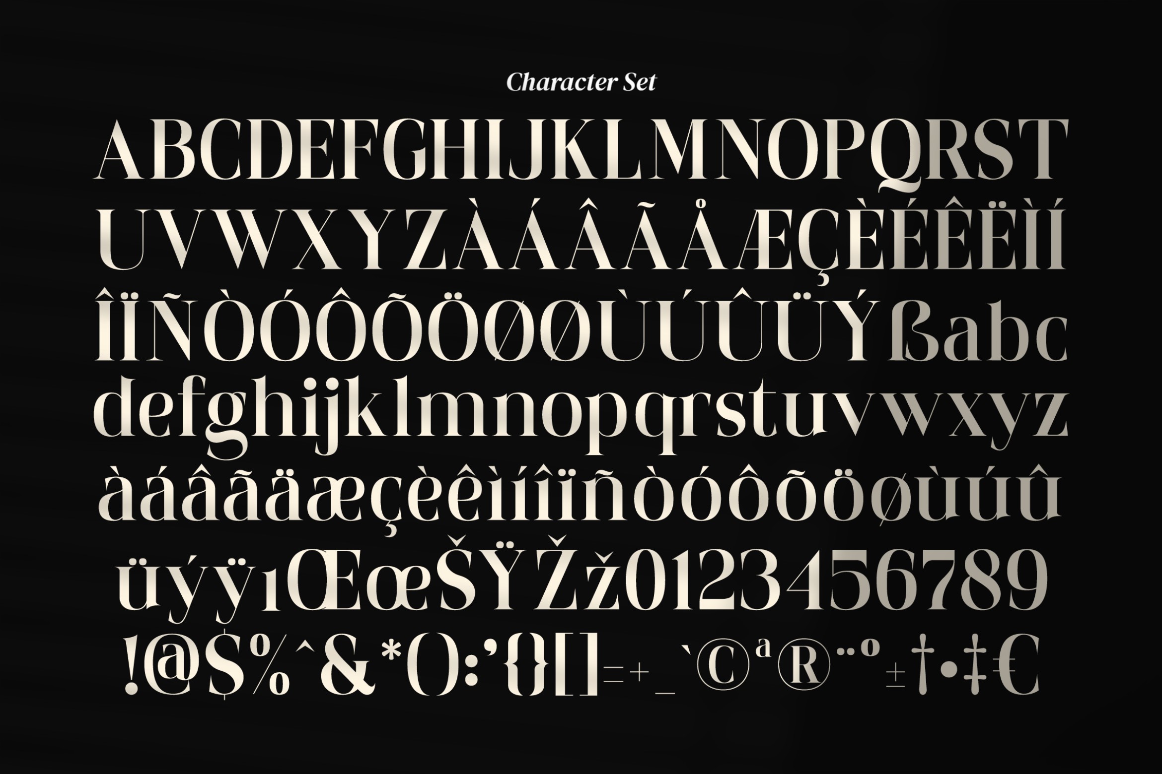 Complete serif font character set including uppercase lowercase numbers symbols on black