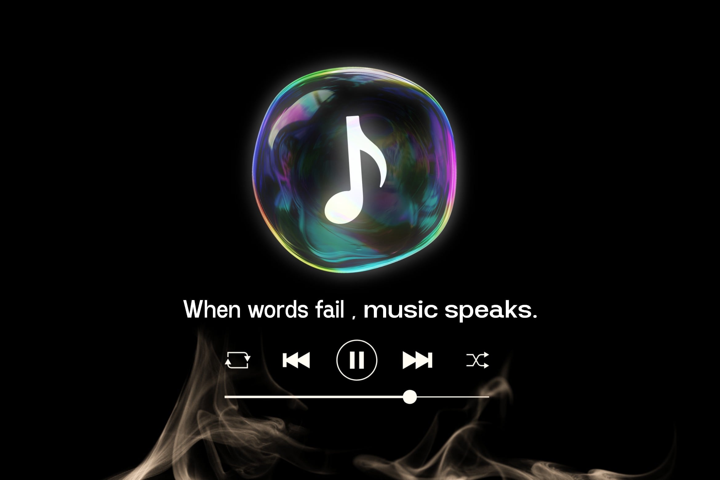 Music player interface with iridescent bubble, note icon, playback controls