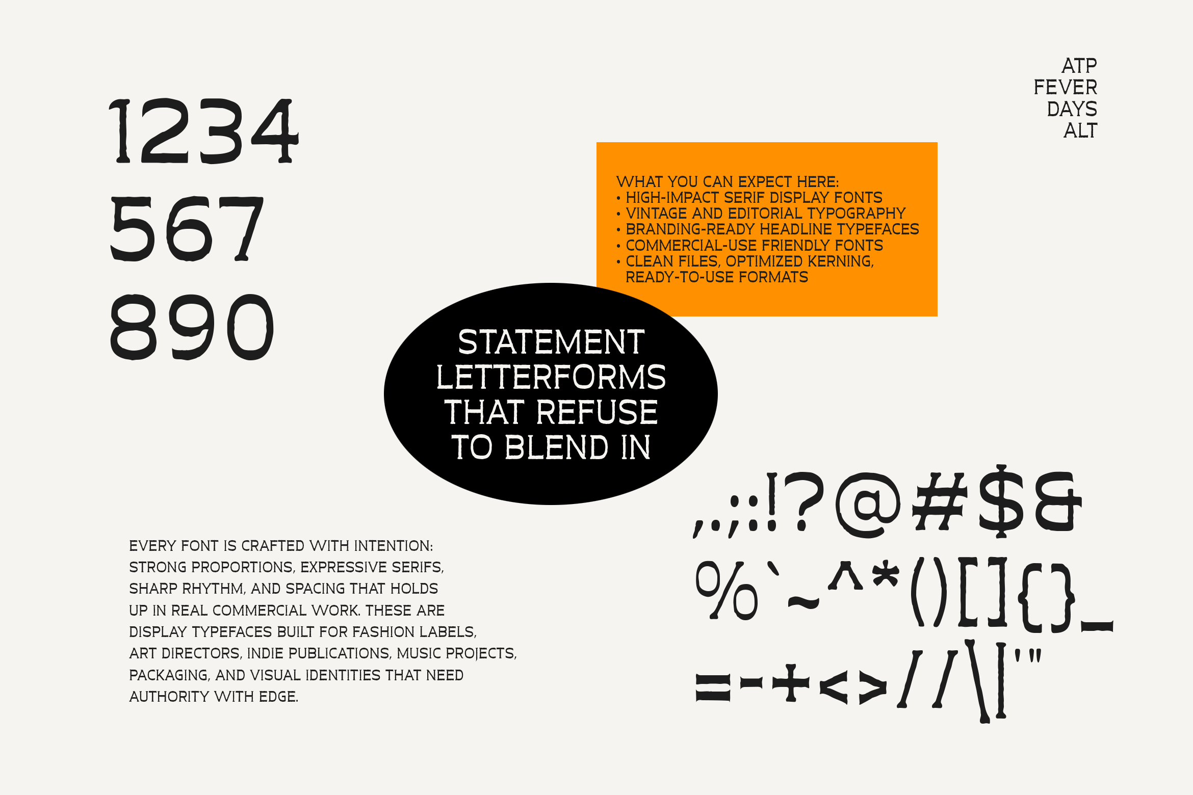ATP Fever Days Alt font bundle showing numbers, punctuation, special characters with orange info box