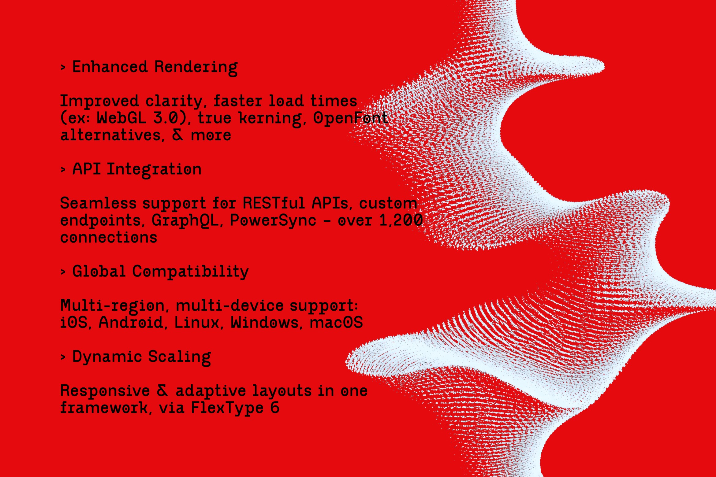 Red background with white particle wave graphic, tech specs for rendering, API integration, compatibility listed