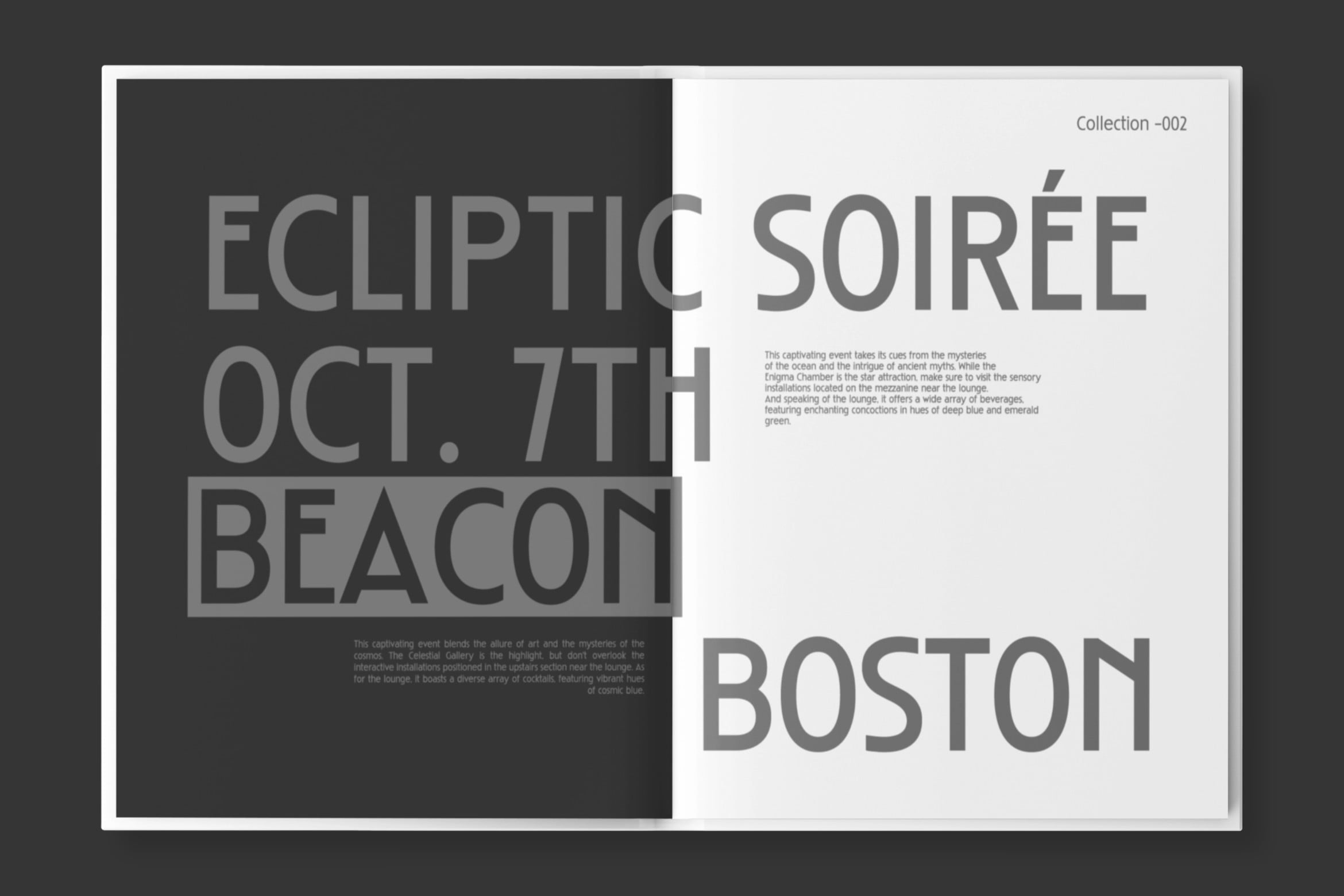 Magazine spread Ecliptic Soirée event poster Boston beacon split page design