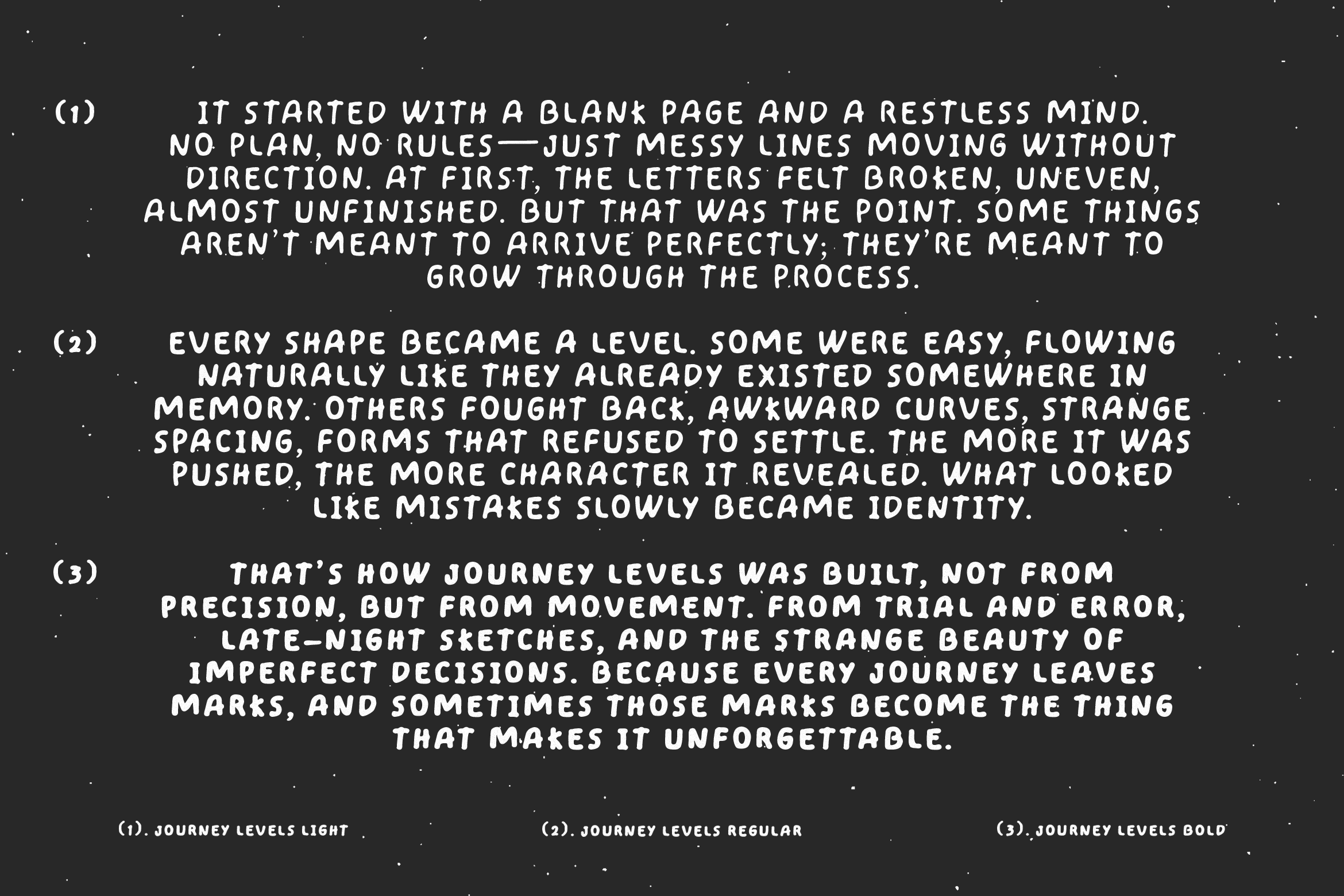 Journey Levels font specimen showing three weights with handwritten narrative text
