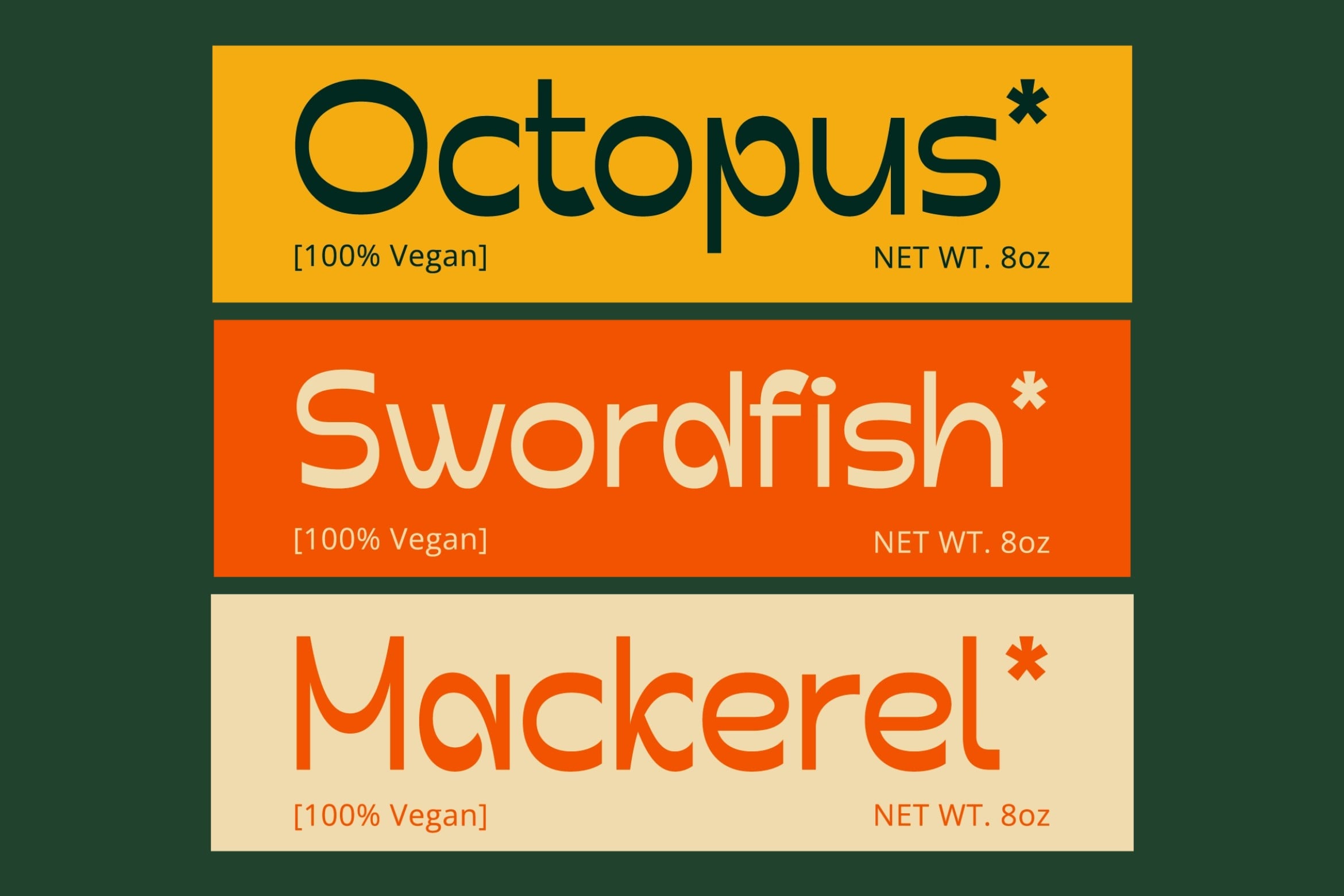 Three colorblock labels for vegan products Octopus Swordfish Mackerel