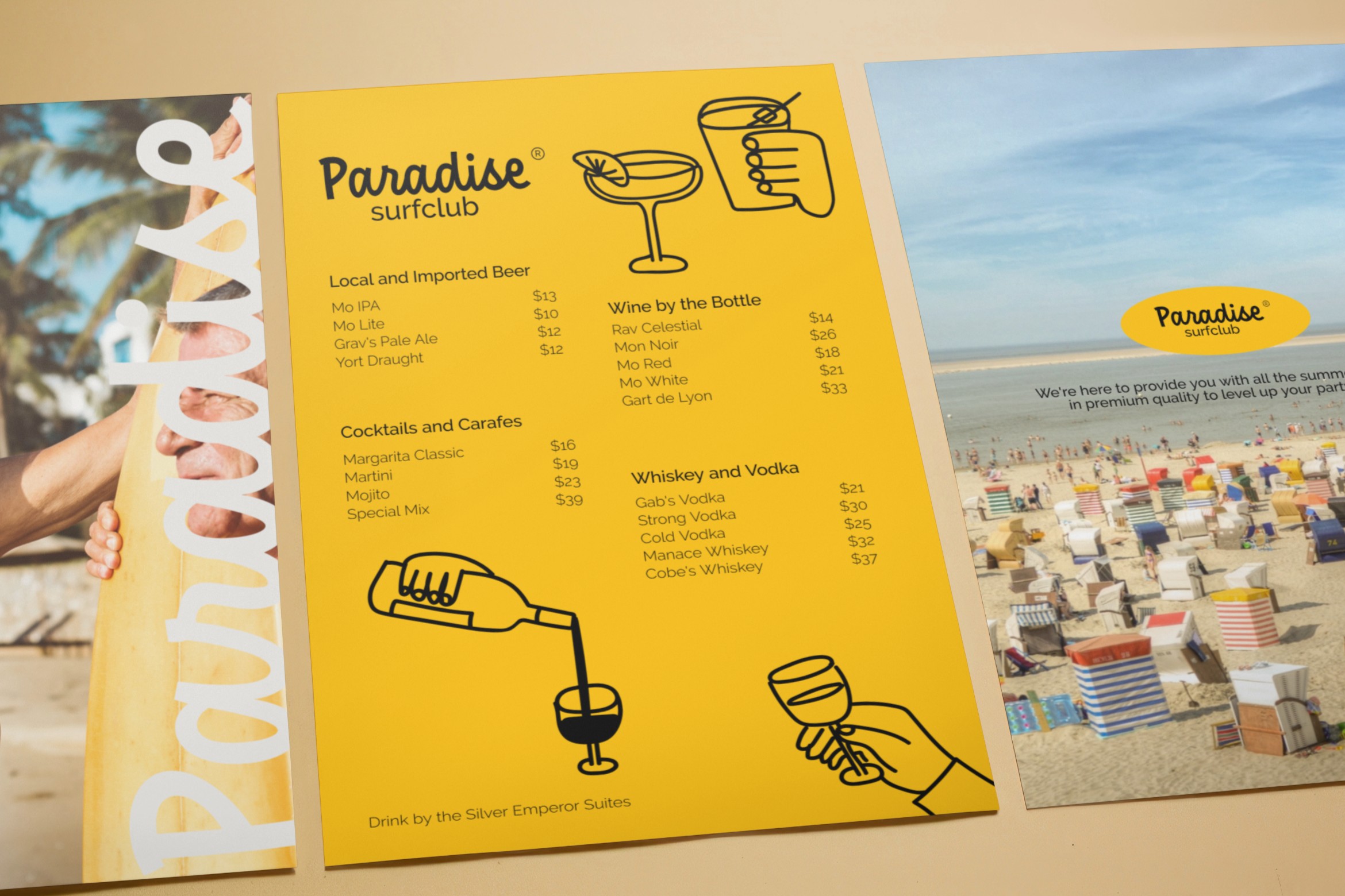 Beach-themed menu spread with cocktail drink illustrations, yellow accents, surfer branding visible